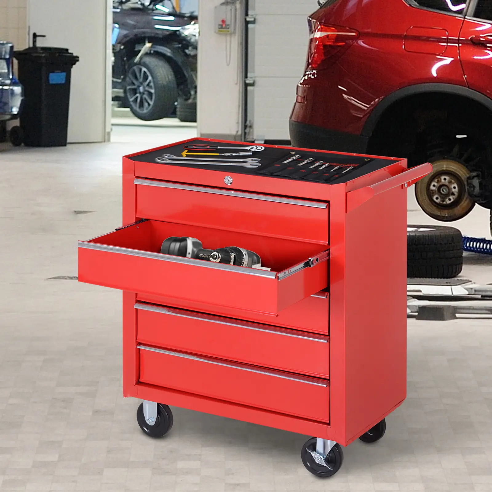 5 Drawer Roller Tool Chest, Mobile Lockable Toolbox, Red - Image 10
