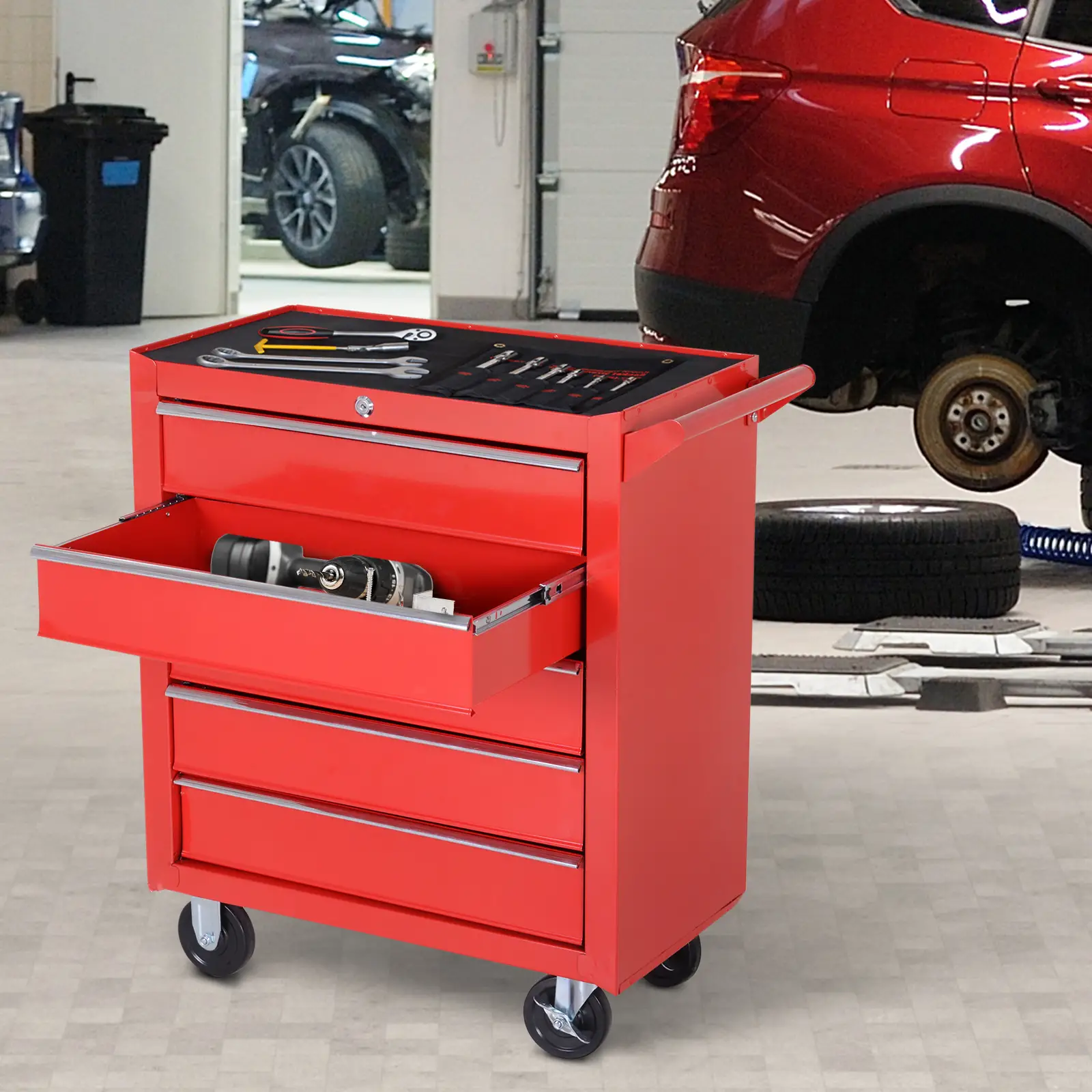 5 Drawer Roller Tool Chest, Mobile Lockable Toolbox, Red - Image 2