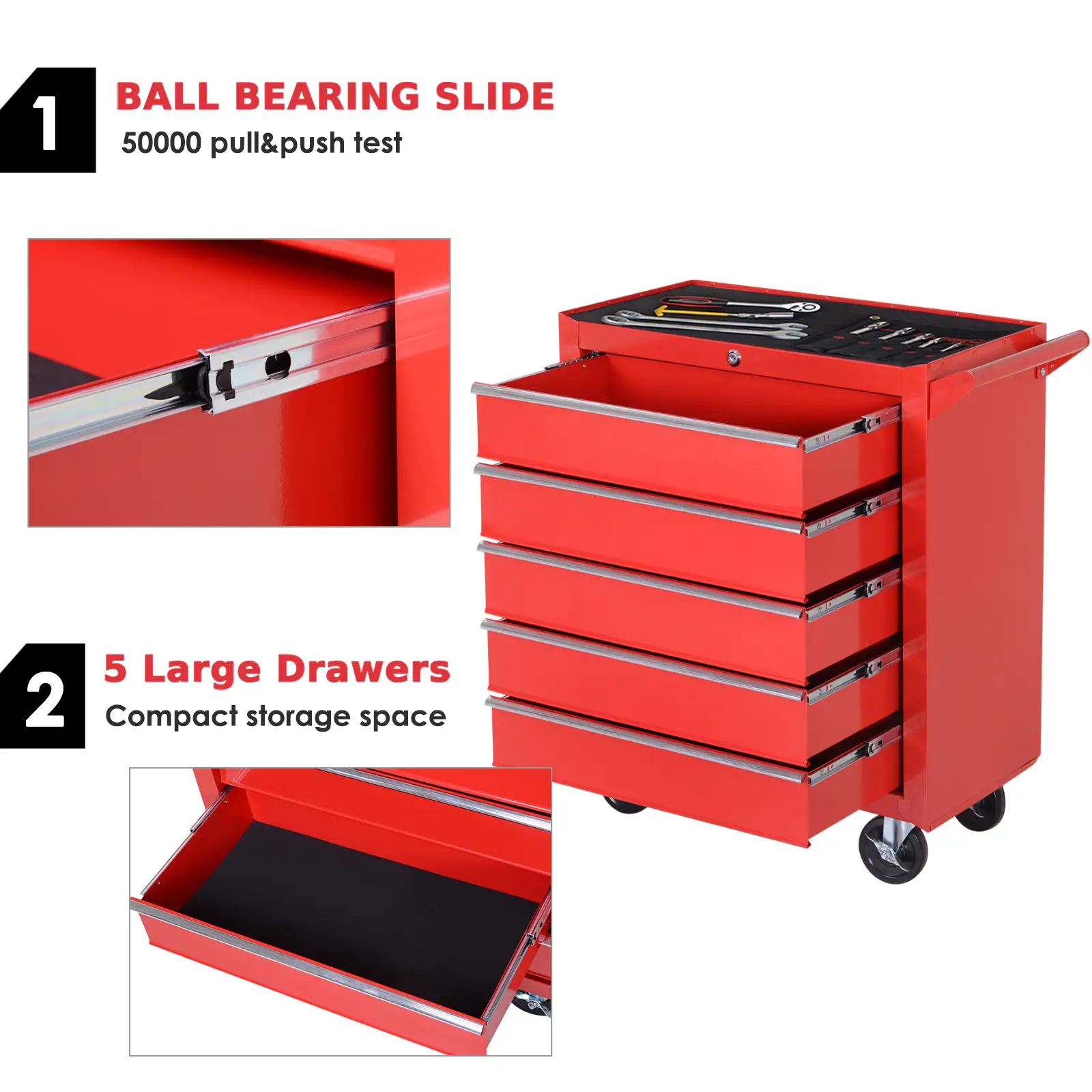 5 Drawer Roller Tool Chest, Mobile Lockable Toolbox, Red - Image 4