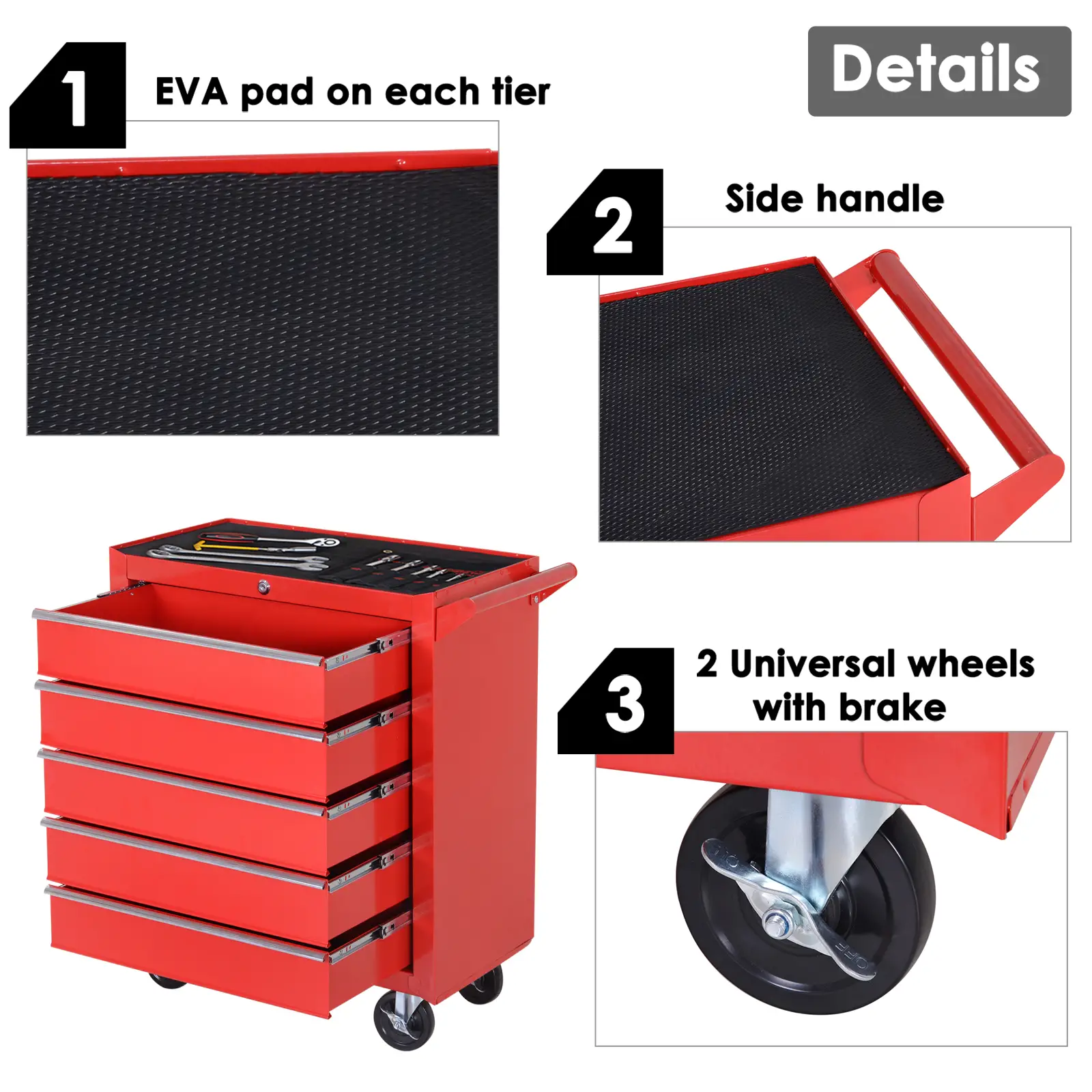5 Drawer Roller Tool Chest, Mobile Lockable Toolbox, Red - Image 5