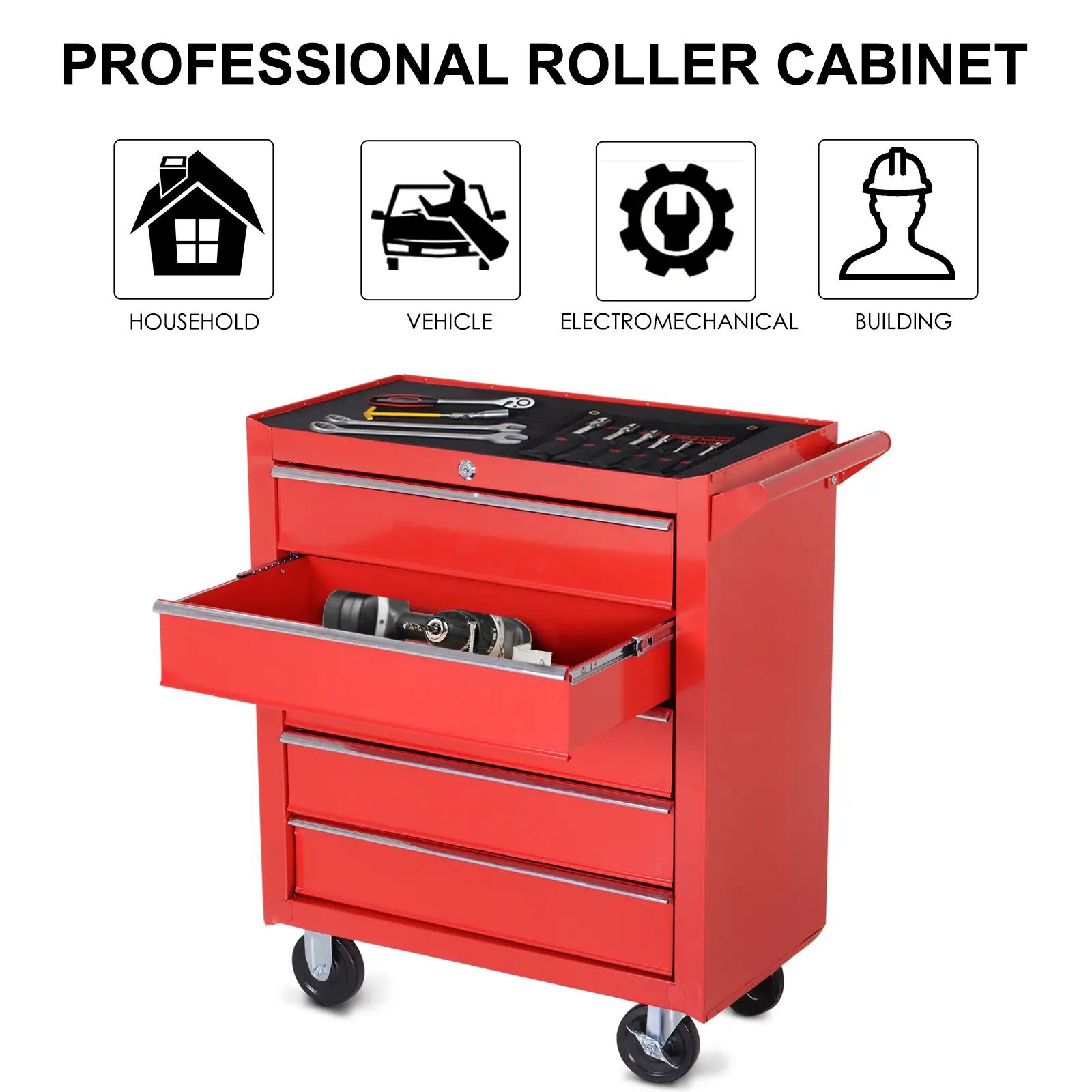 5 Drawer Roller Tool Chest, Mobile Lockable Toolbox, Red - Image 6