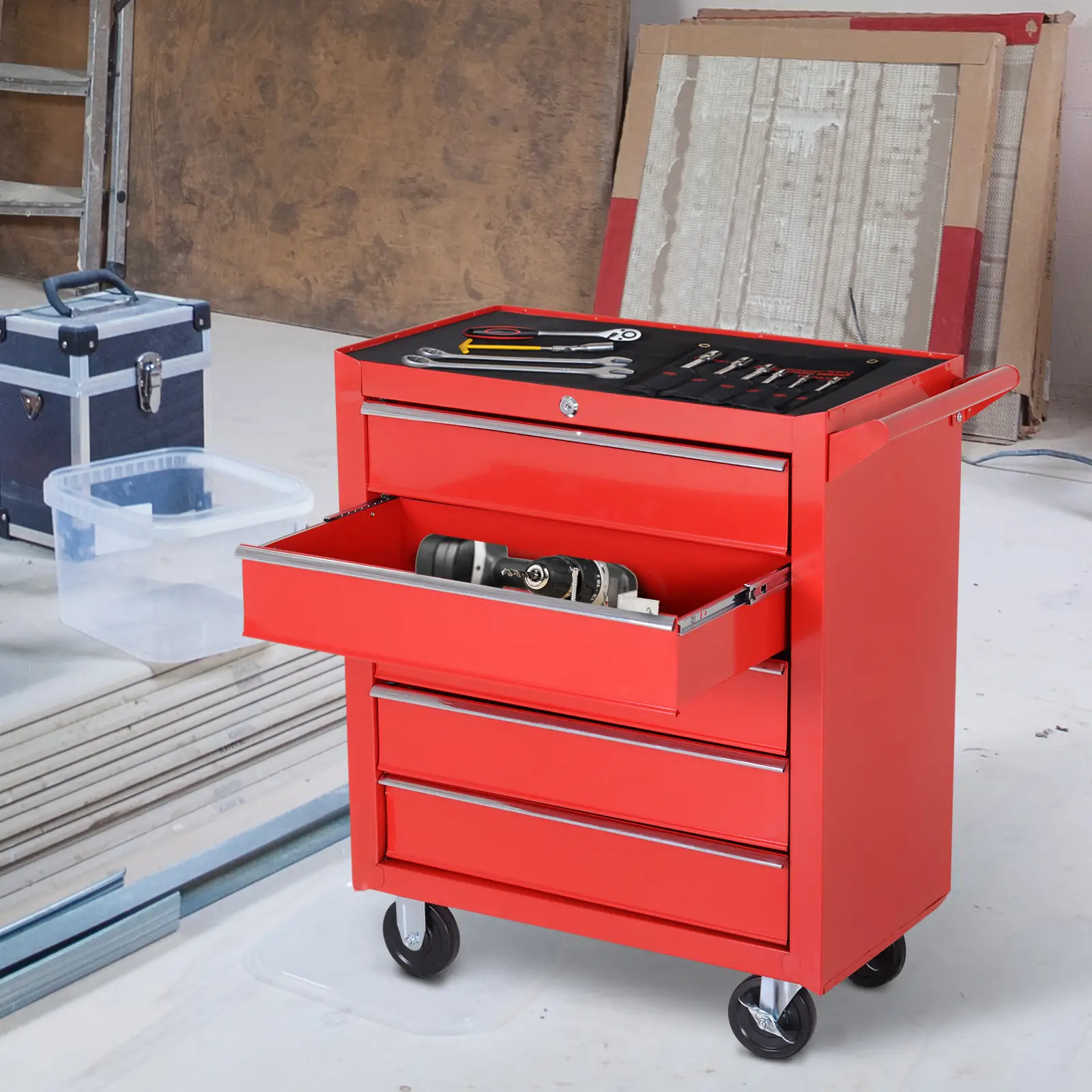 5 Drawer Roller Tool Chest, Mobile Lockable Toolbox, Red - Image 8