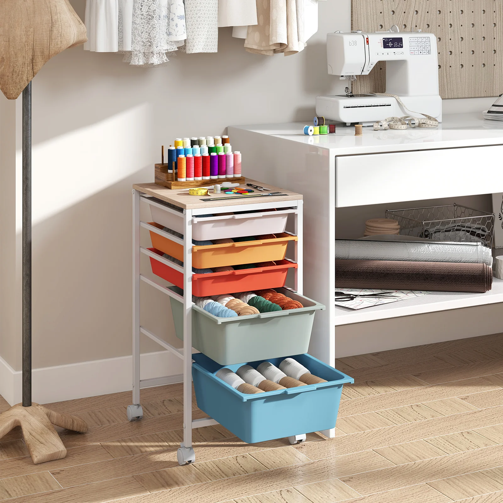 5-Drawer Rolling Storage Cart, Mobile Organizer, Wooden Tabletop, Lockable Wheels, Macaron - Image 2