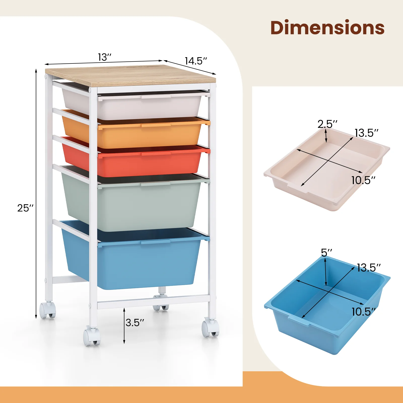 5-Drawer Rolling Storage Cart, Mobile Organizer, Wooden Tabletop, Lockable Wheels, Macaron - Image 5
