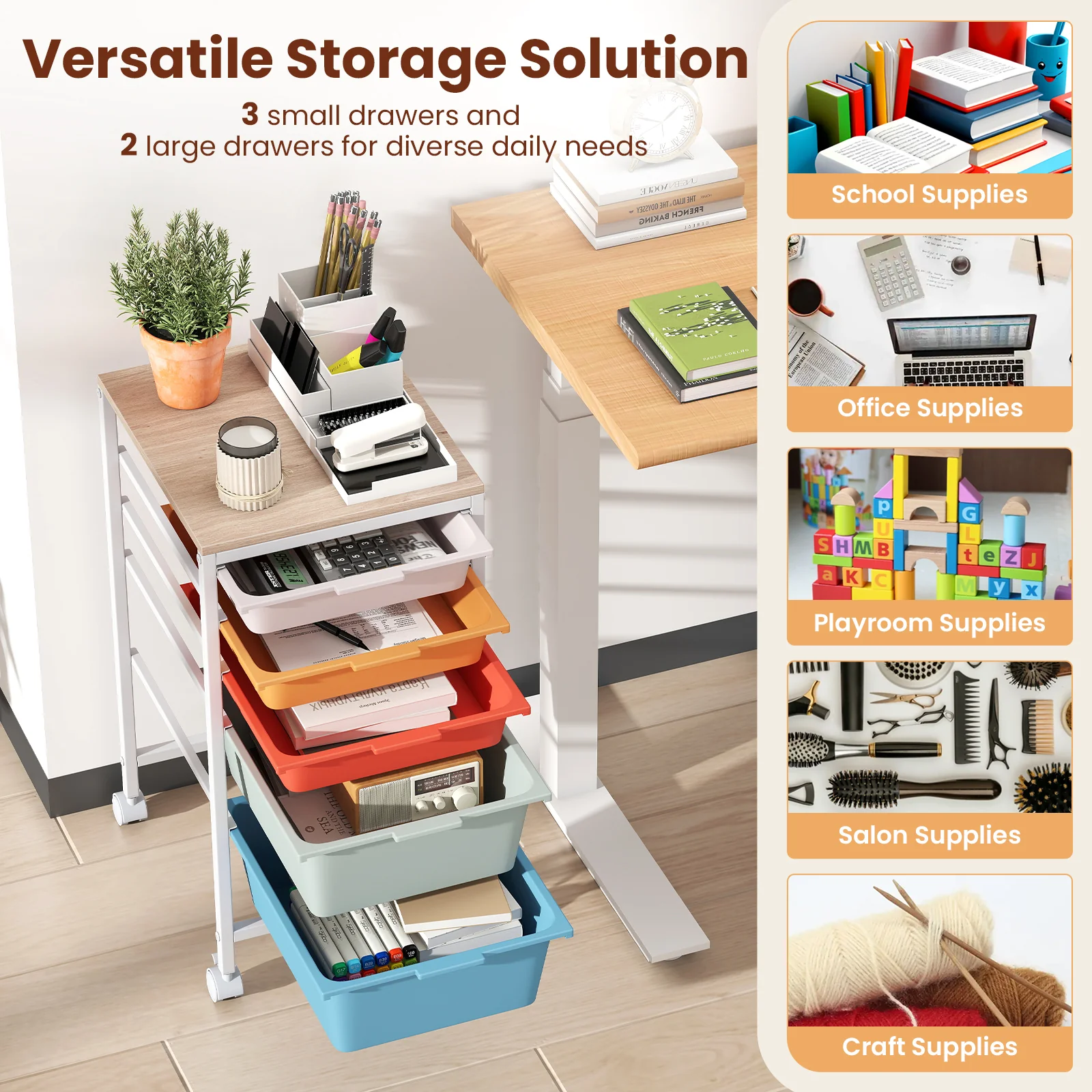 5-Drawer Rolling Storage Cart, Mobile Organizer, Wooden Tabletop, Lockable Wheels, Macaron - Image 7