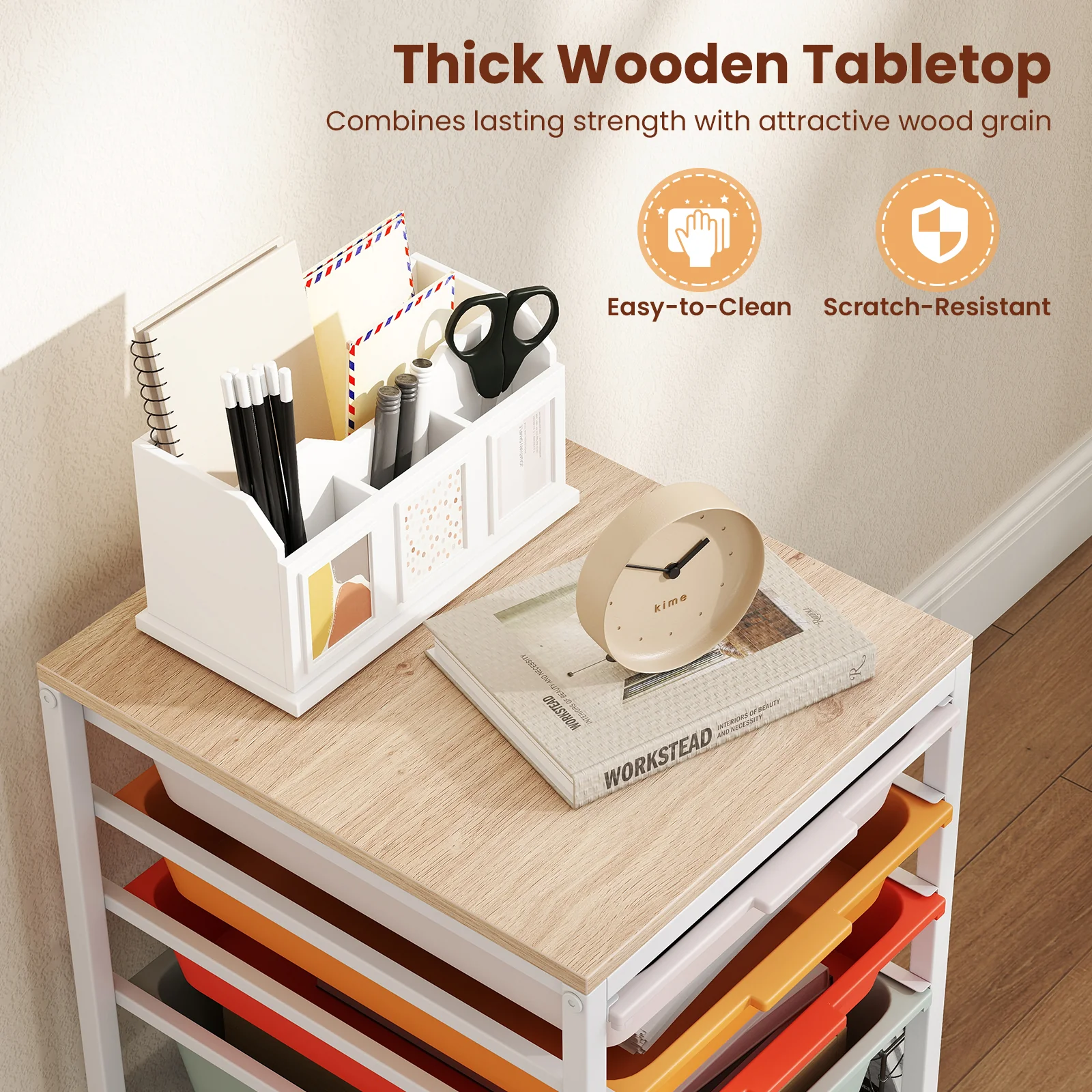 5-Drawer Rolling Storage Cart, Mobile Organizer, Wooden Tabletop, Lockable Wheels, Macaron - Image 8