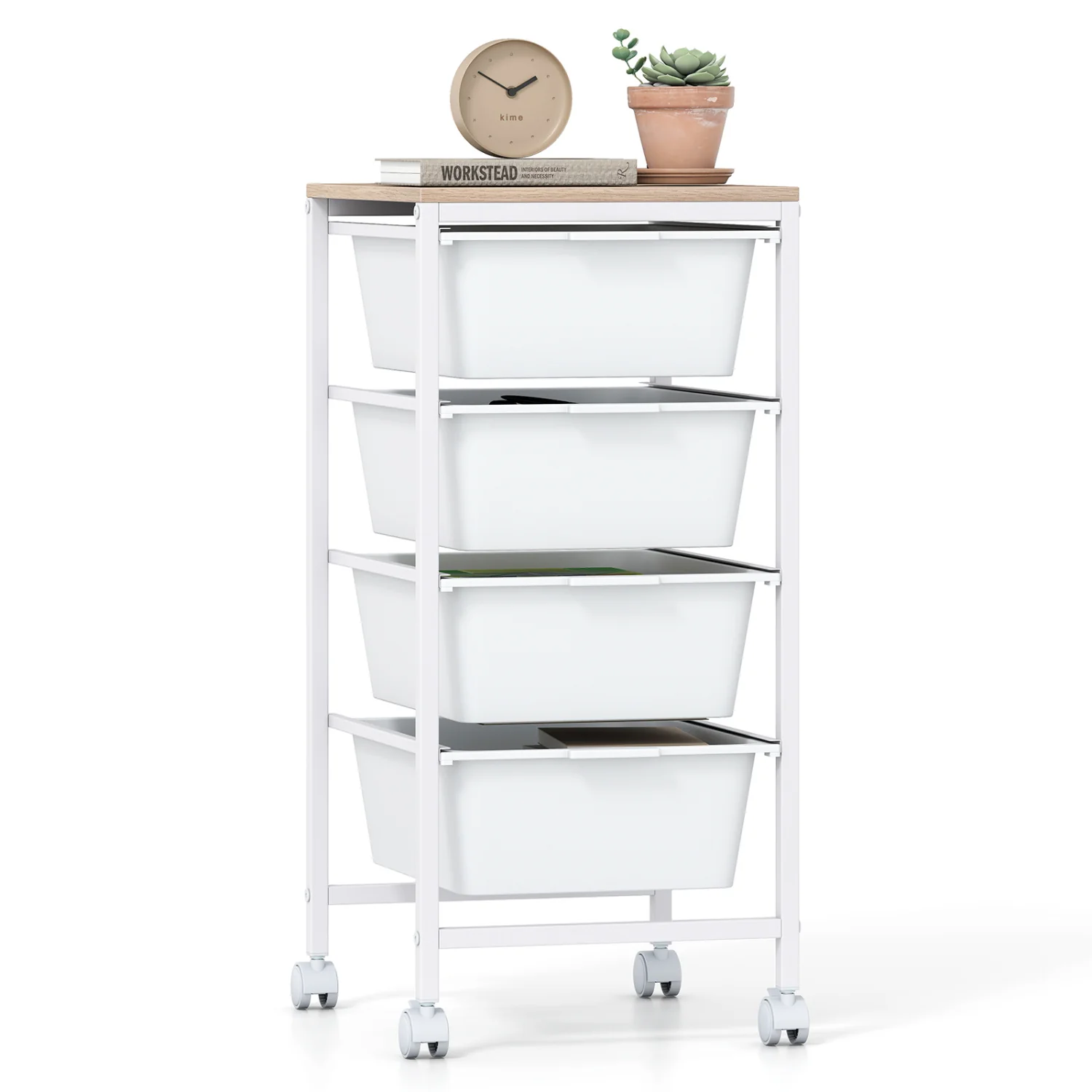 5-Drawer Rolling Storage Cart Mobile Utility Organizer with Wooden Tabletop and Lockable Wheels, White - Image 5