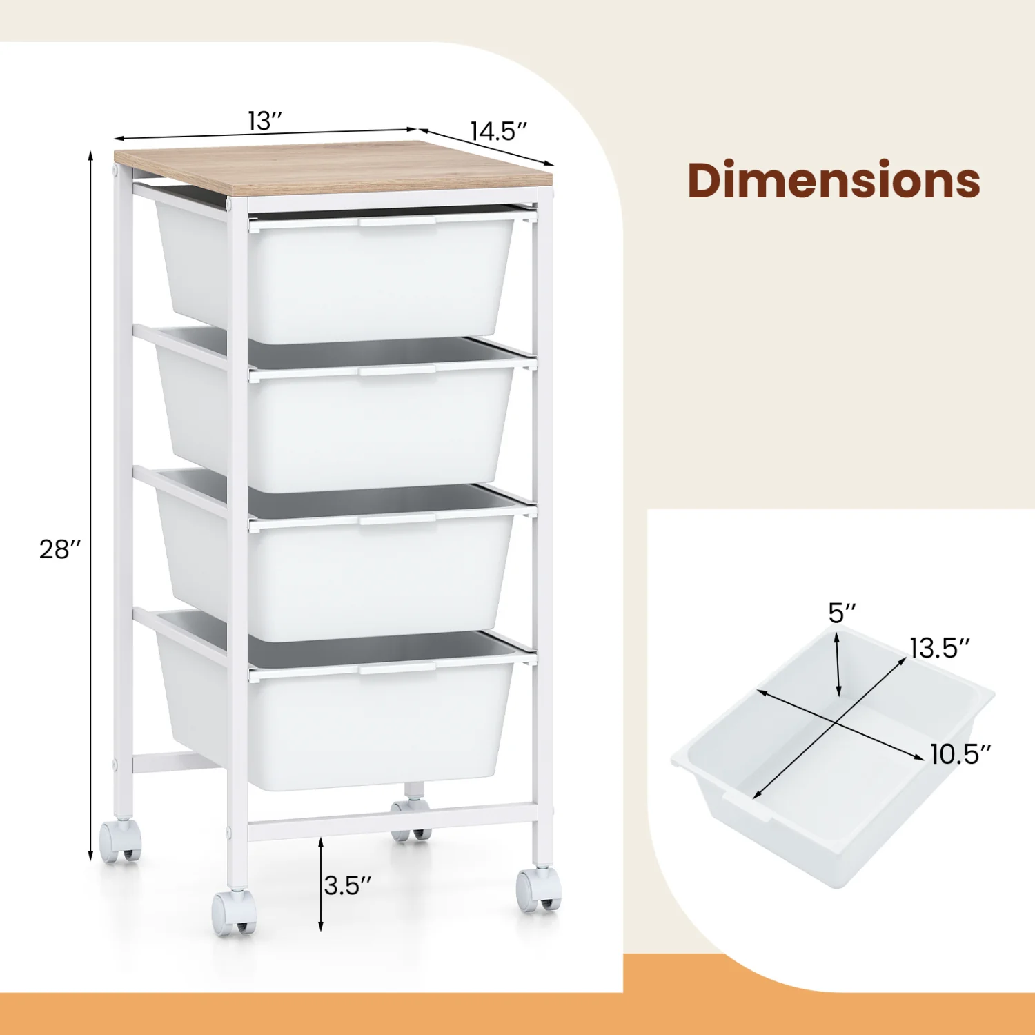 5-Drawer Rolling Storage Cart Mobile Utility Organizer with Wooden Tabletop and Lockable Wheels, White - Image 6