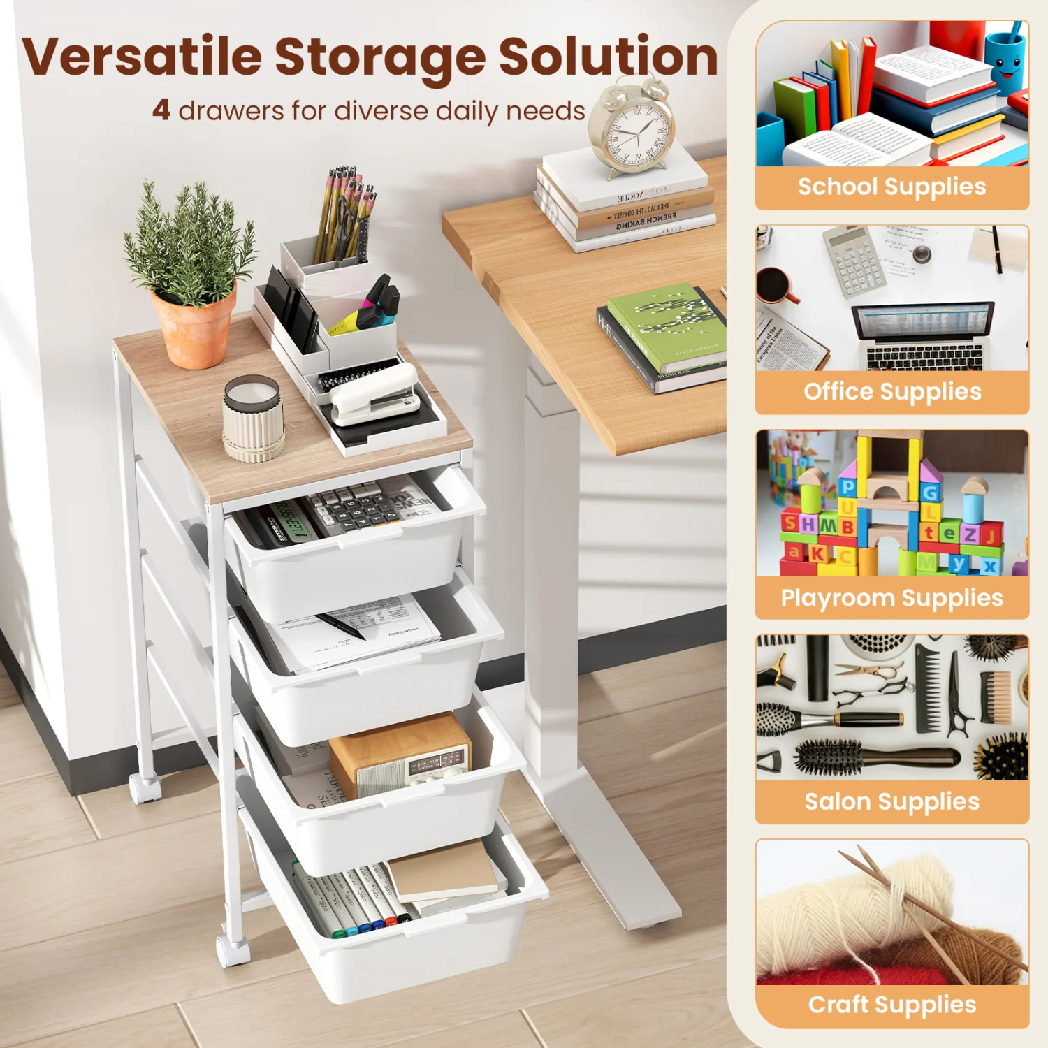 5-Drawer Rolling Storage Cart Mobile Utility Organizer with Wooden Tabletop and Lockable Wheels, White - Image 7