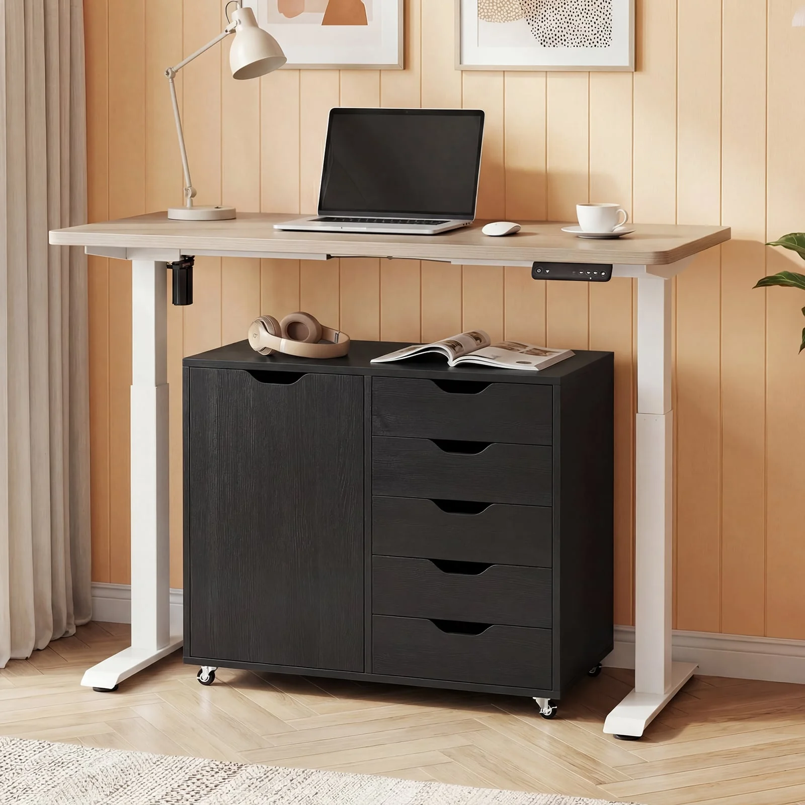5-Drawer Rolling Storage Cart With Side Cabinet, Black - Image 2