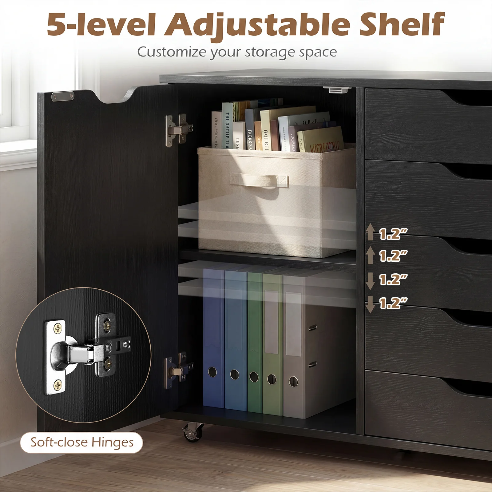 5-Drawer Rolling Storage Cart With Side Cabinet, Black - Image 8