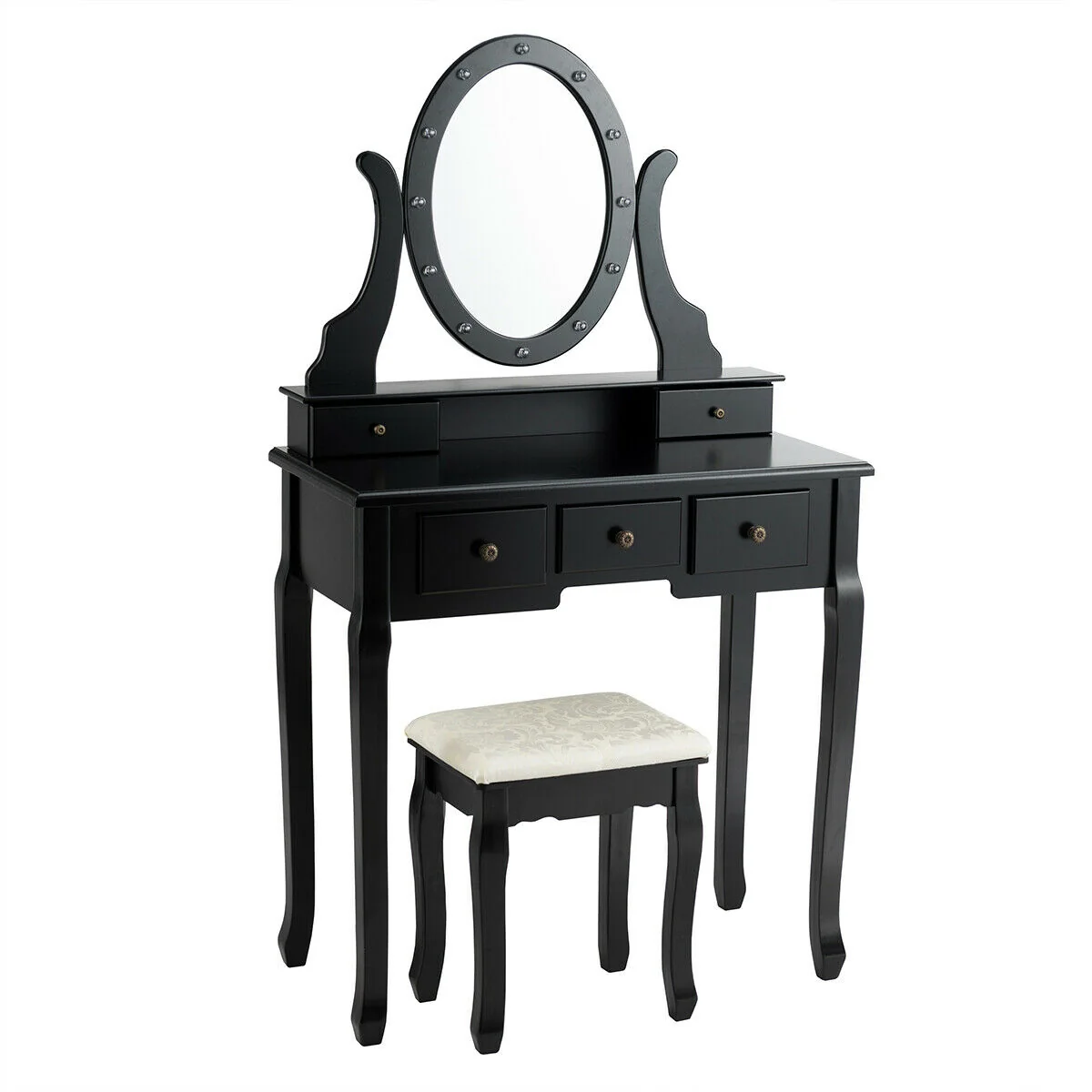 5 Drawer Vanity Table Stool Set, 12 LED Bulbs, Black