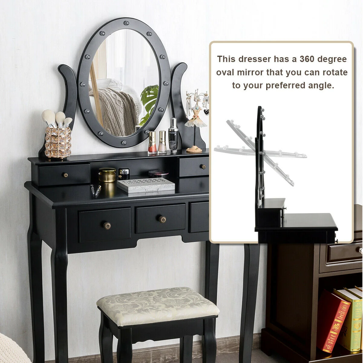 5 Drawer Vanity Table Stool Set, 12 LED Bulbs, Black - Image 10