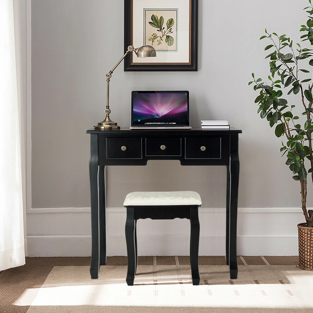 5 Drawer Vanity Table Stool Set, 12 LED Bulbs, Black - Image 2