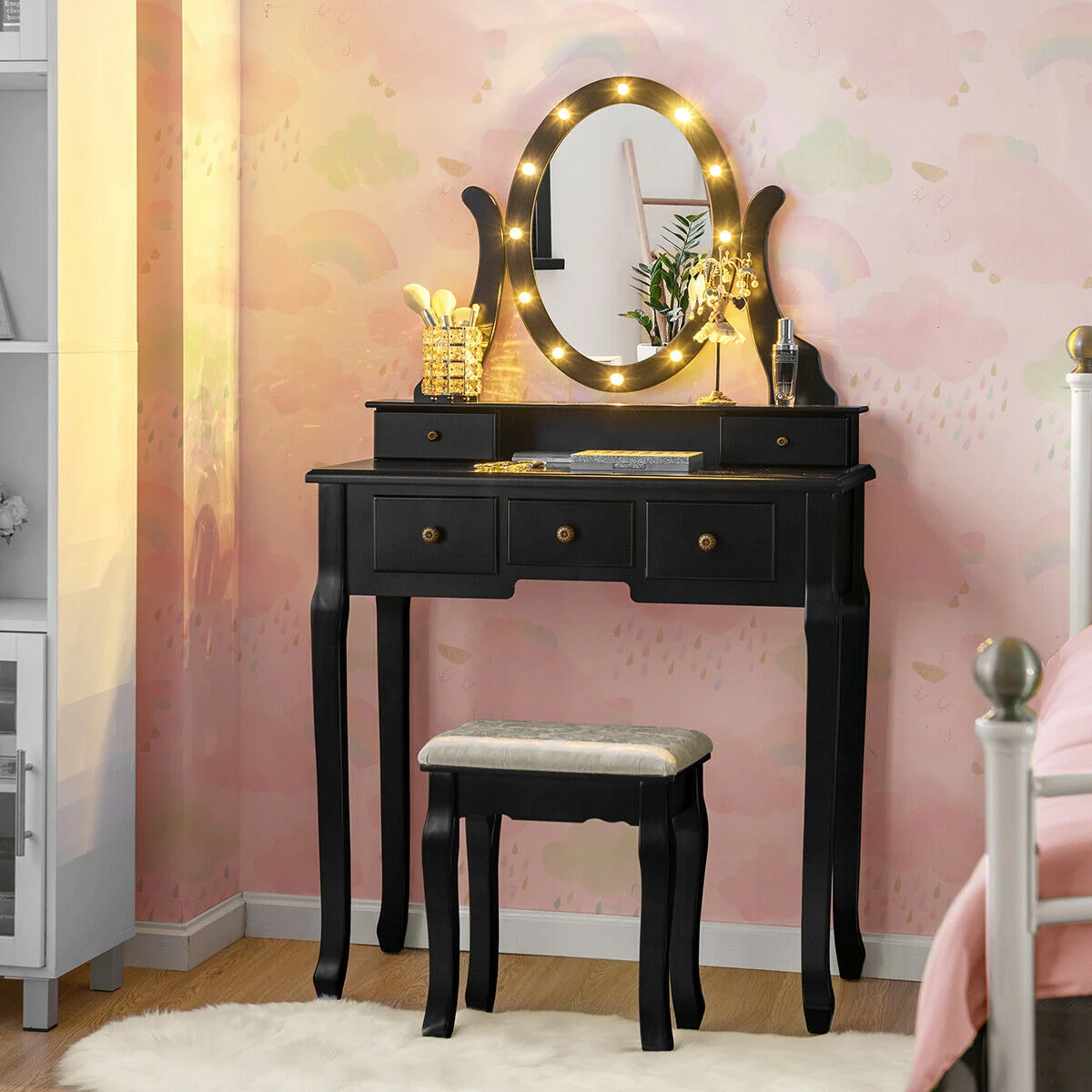 5 Drawer Vanity Table Stool Set, 12 LED Bulbs, Black - Image 3
