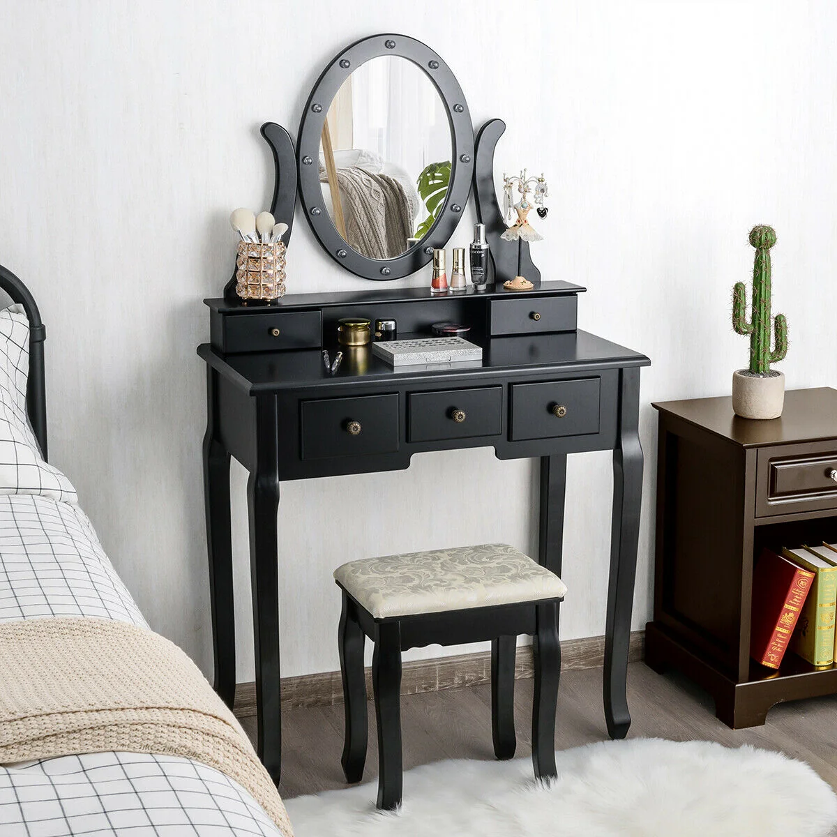 5 Drawer Vanity Table Stool Set, 12 LED Bulbs, Black - Image 4