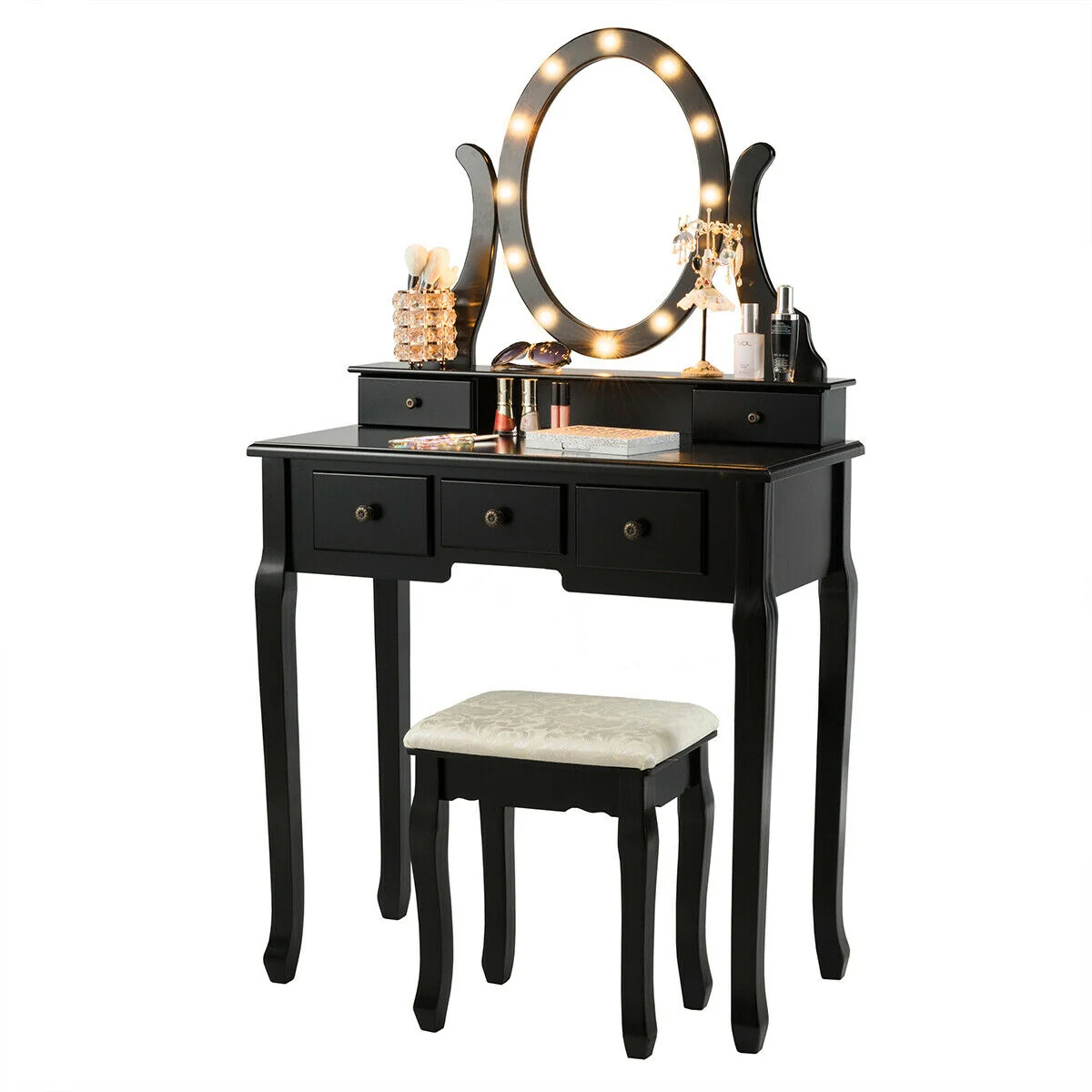 5 Drawer Vanity Table Stool Set, 12 LED Bulbs, Black - Image 5