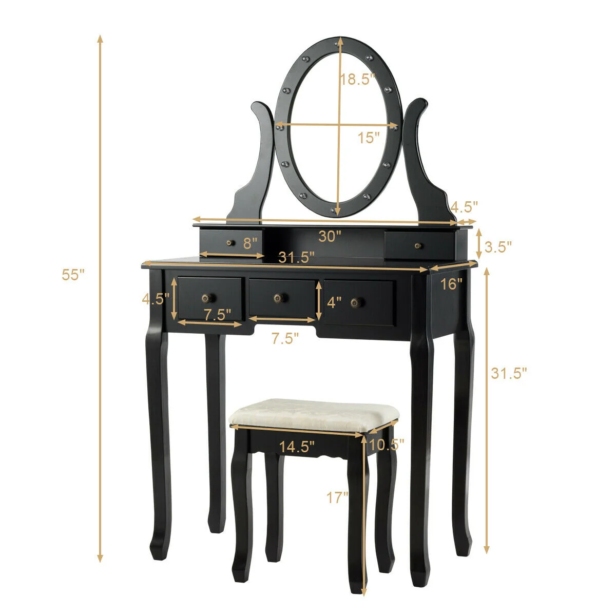 5 Drawer Vanity Table Stool Set, 12 LED Bulbs, Black - Image 7