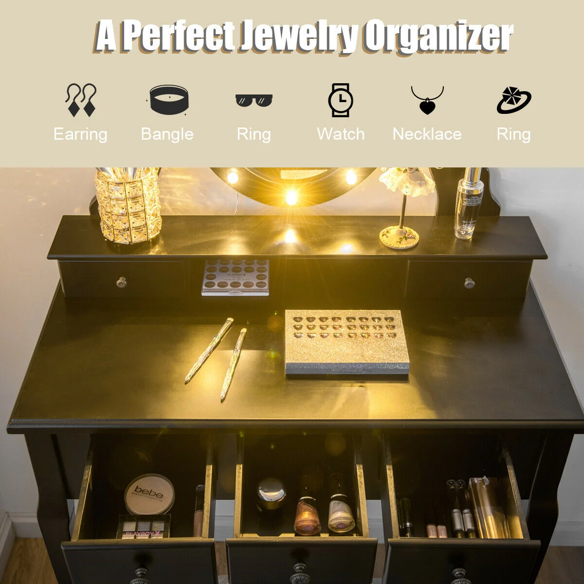 5 Drawer Vanity Table Stool Set, 12 LED Bulbs, Black - Image 9
