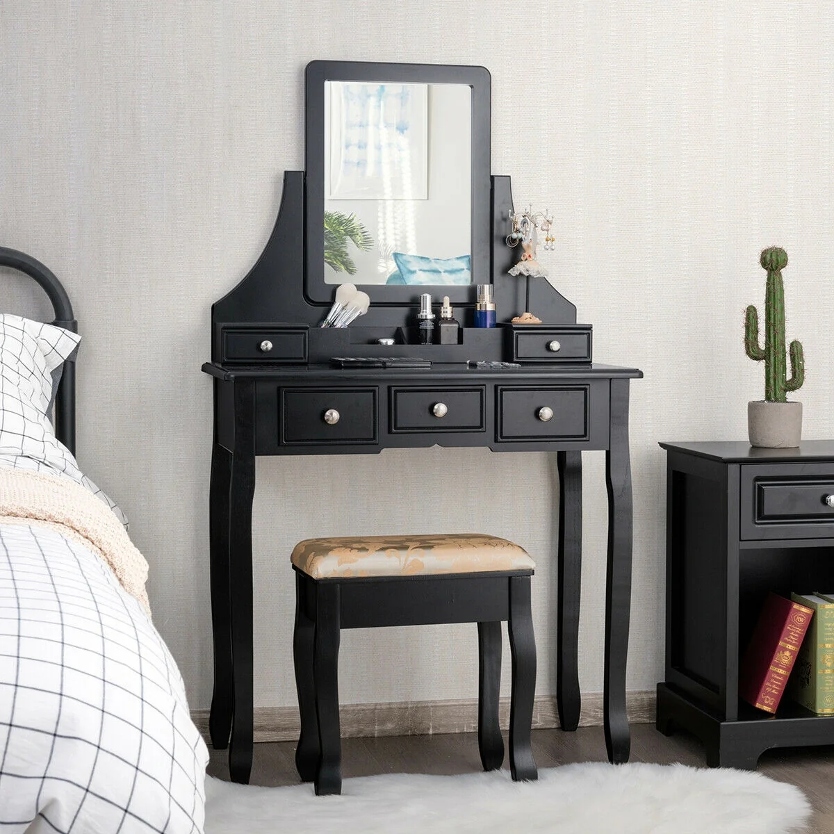 5 Drawers Removable Box Makeup Dressing Vanity Set, Black - Image 2
