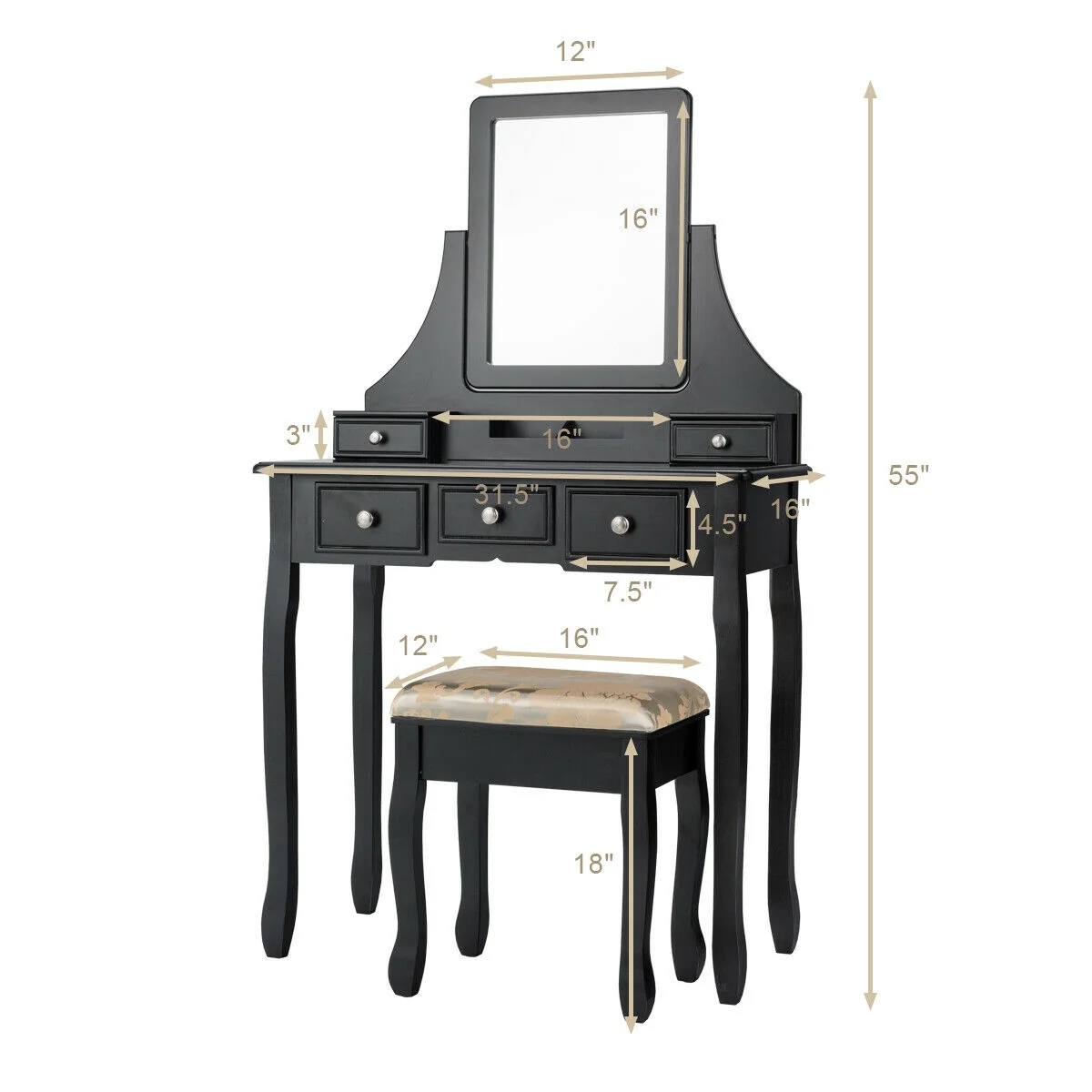 5 Drawers Removable Box Makeup Dressing Vanity Set, Black - Image 5