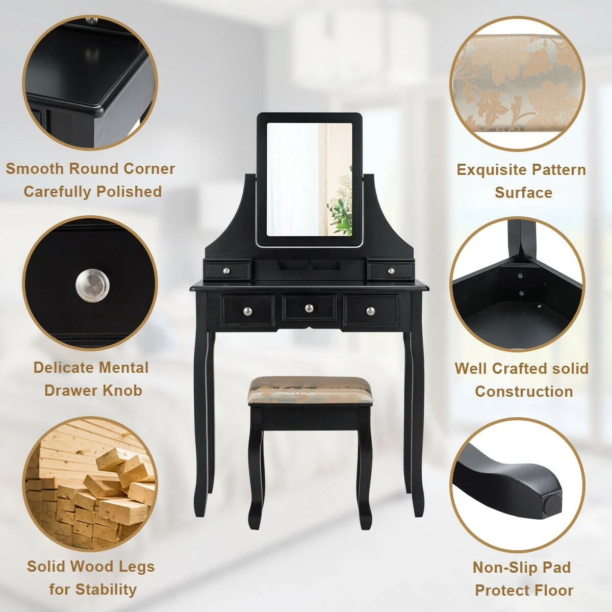5 Drawers Removable Box Makeup Dressing Vanity Set, Black - Image 6