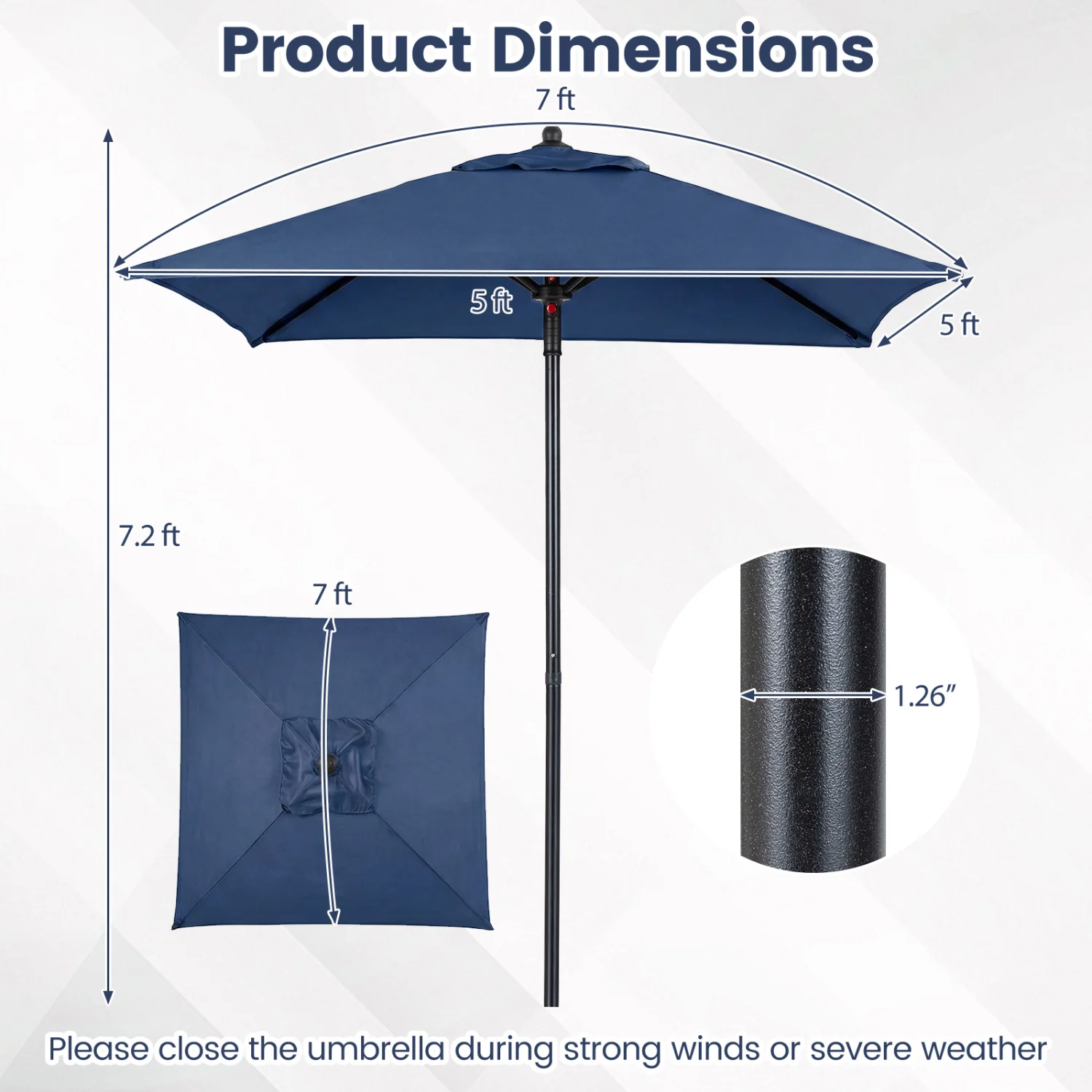 5 Feet Patio Square Market Table Umbrella Shelter with 4 Sturdy Ribs, Navy - Image 5