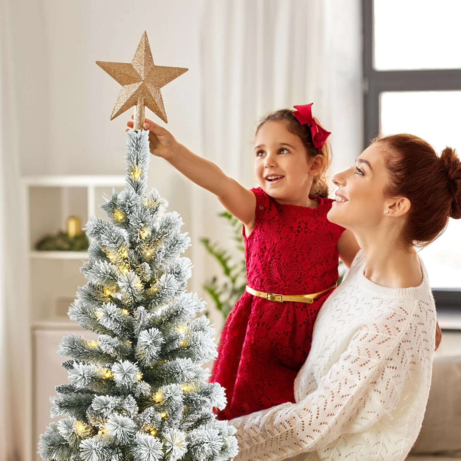 5 Feet Pre-Lit Snow Flocked Christmas Tree, 9 Modes Remote Control, White - Image 2