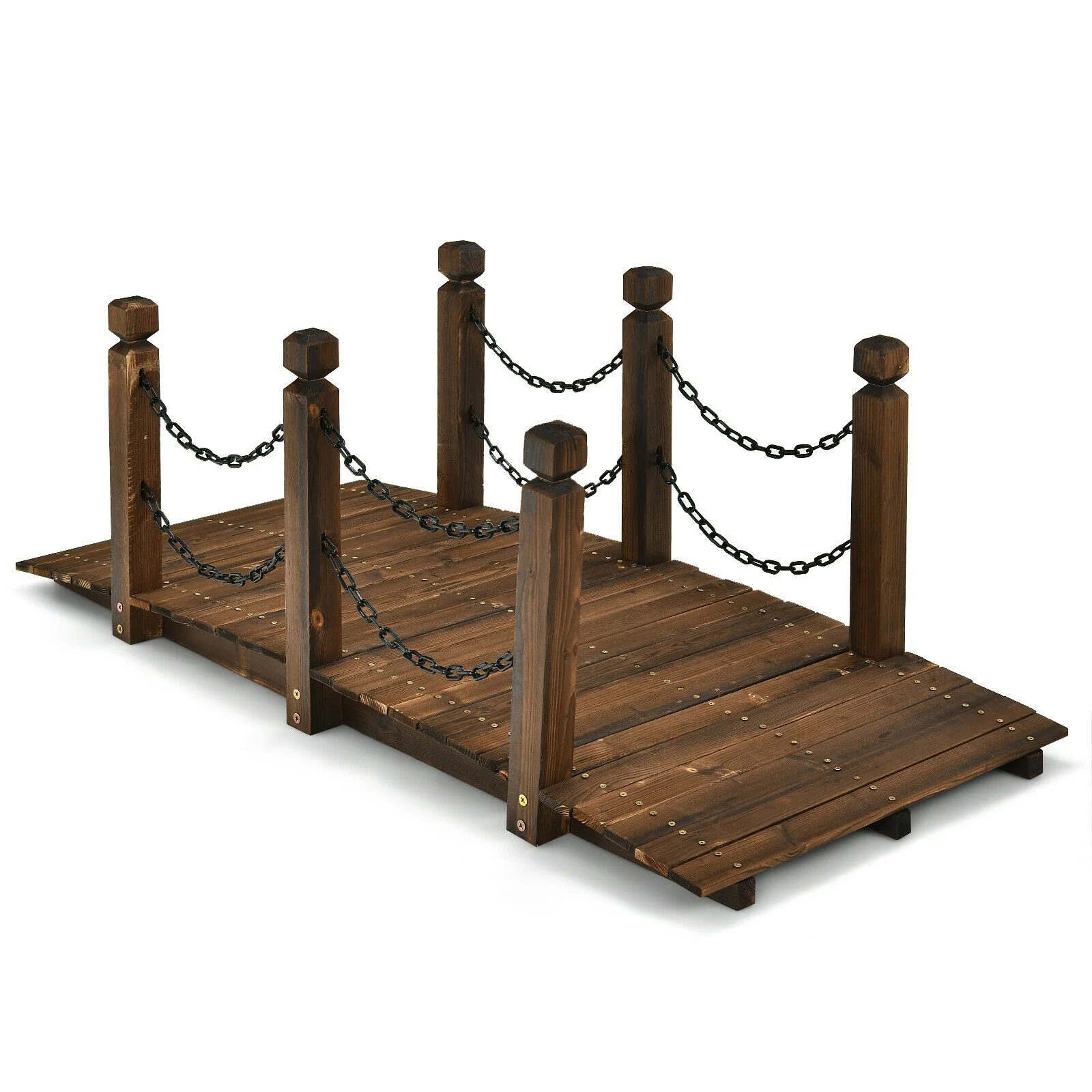 5 Feet Wooden Garden Bridge, Arc Footbridge, Stained Finish, Brown - Image 4