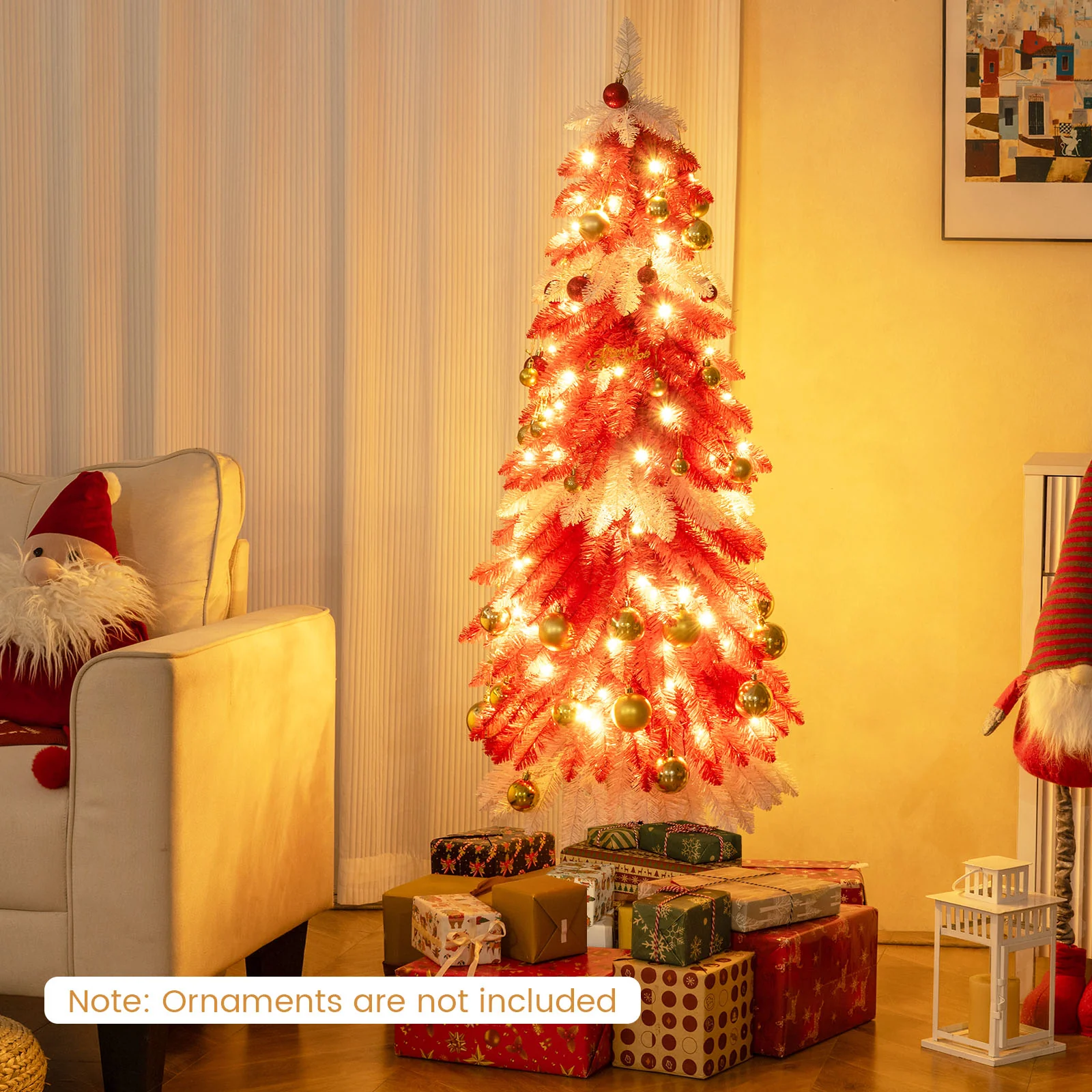 5 FT Artificial Christmas Tree Pre-lit Xmas Trees with 301 Red and White Branch Tips - Image 2