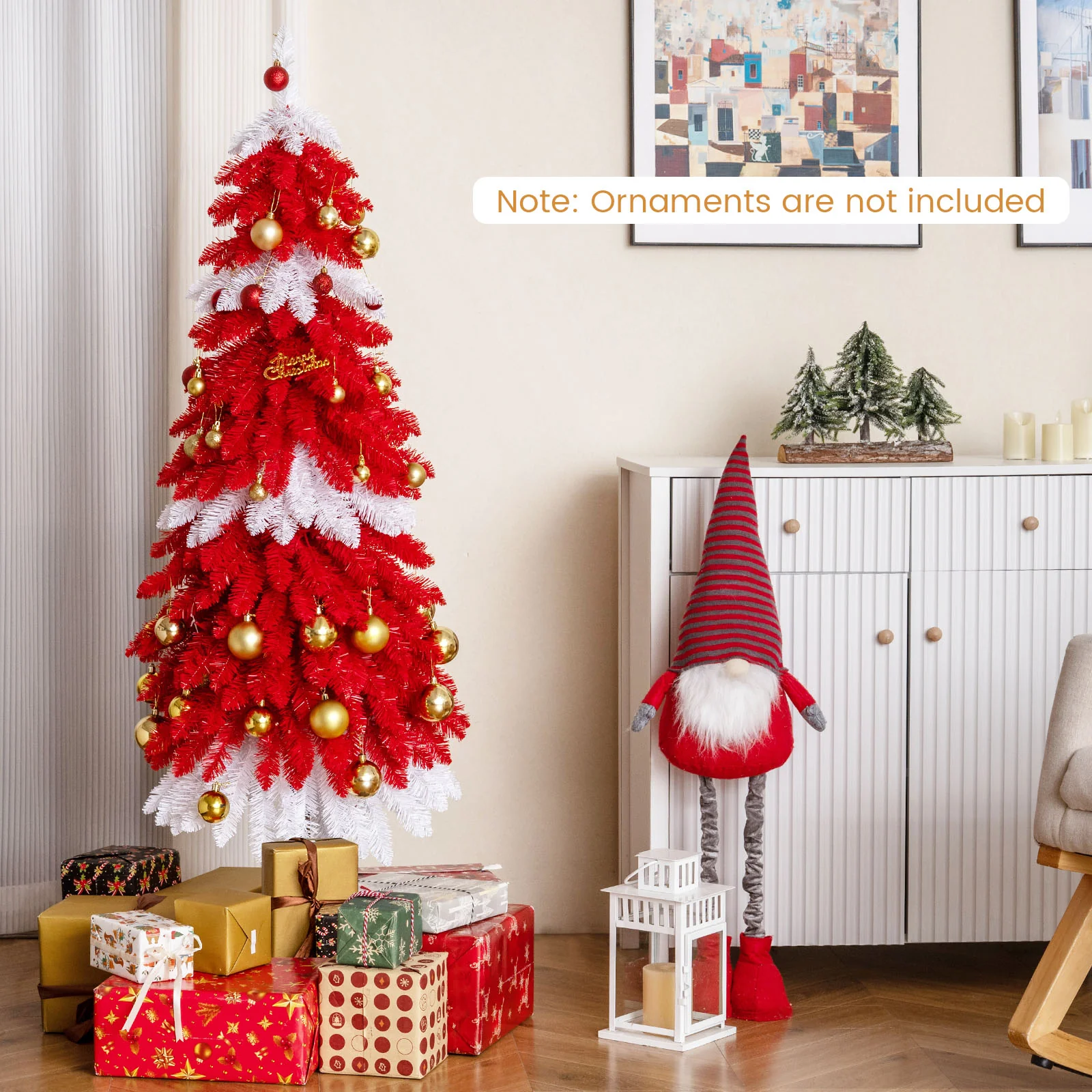 5 FT Artificial Christmas Tree Pre-lit Xmas Trees with 301 Red and White Branch Tips - Image 3