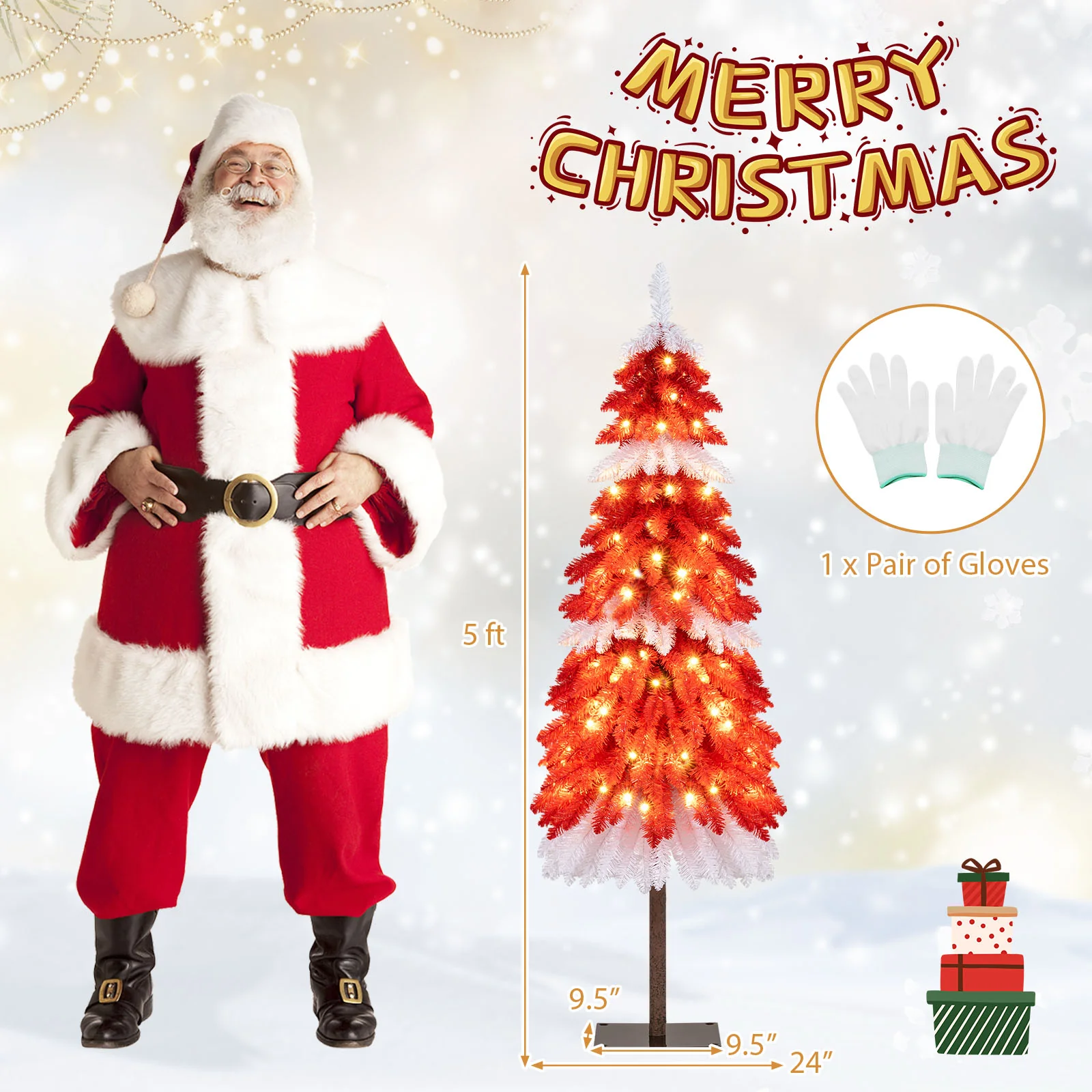 5 FT Artificial Christmas Tree Pre-lit Xmas Trees with 301 Red and White Branch Tips - Image 6