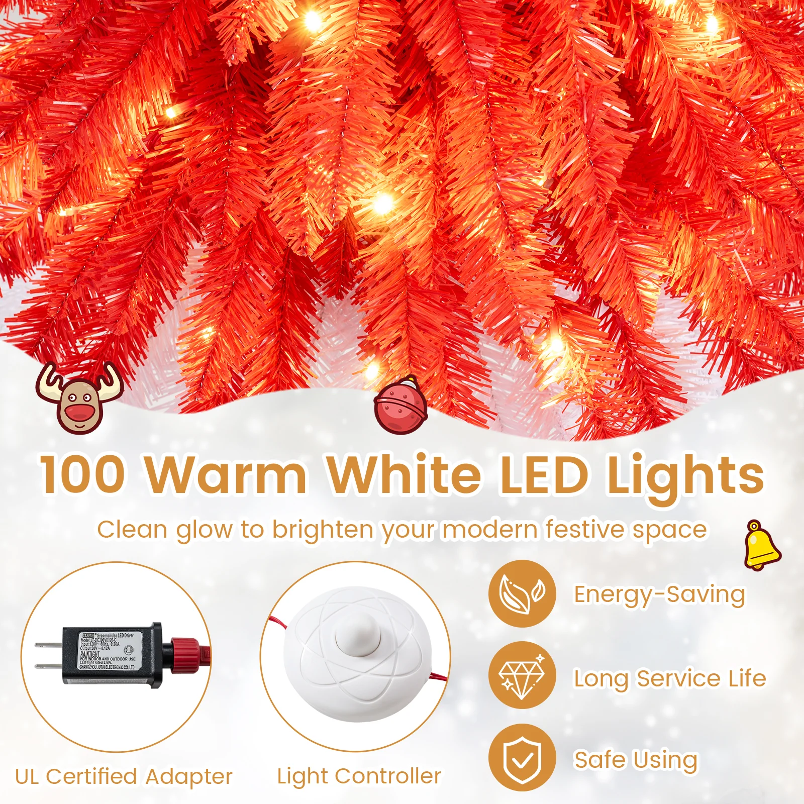 5 FT Artificial Christmas Tree Pre-lit Xmas Trees with 301 Red and White Branch Tips - Image 7