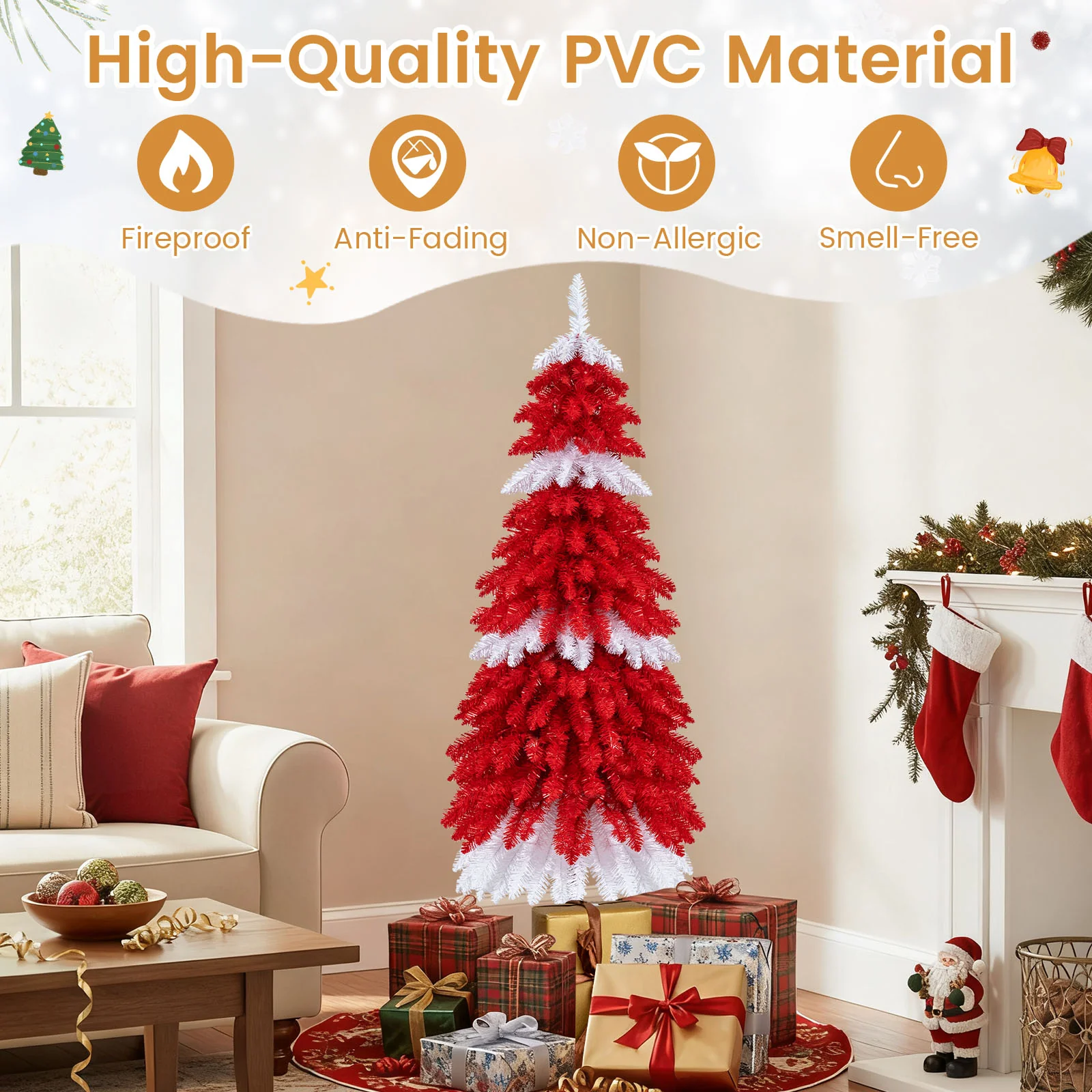 5 FT Artificial Christmas Tree Pre-lit Xmas Trees with 301 Red and White Branch Tips - Image 9