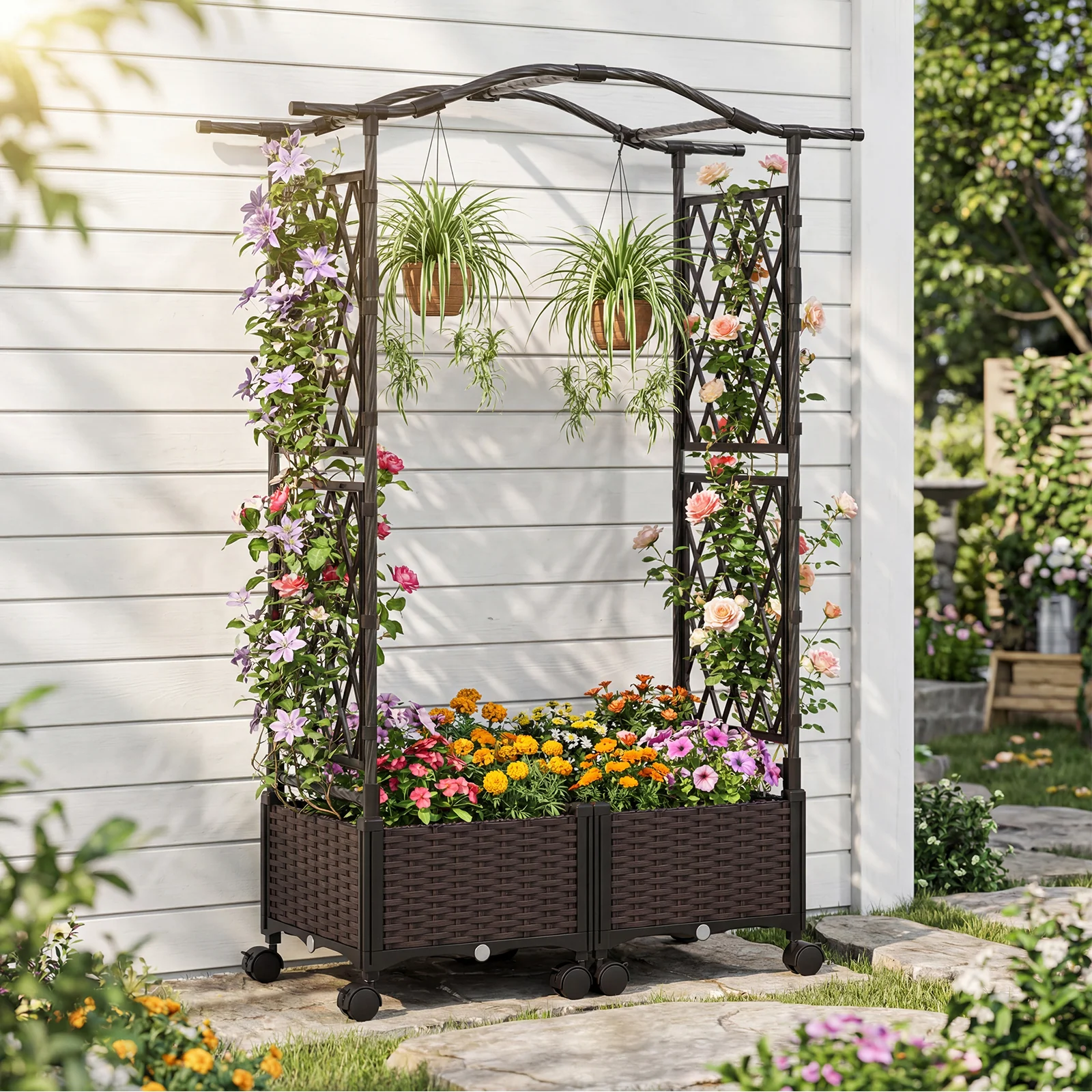 5 FT Self-Watering Planter Box With Lattice Trellis And Roof, Brown - Image 2