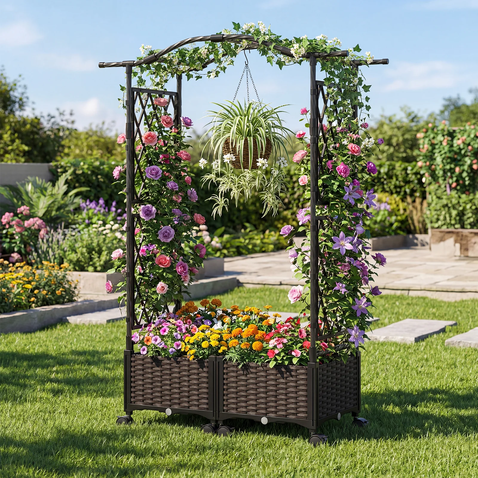 5 FT Self-Watering Planter Box With Lattice Trellis And Roof, Brown - Image 3