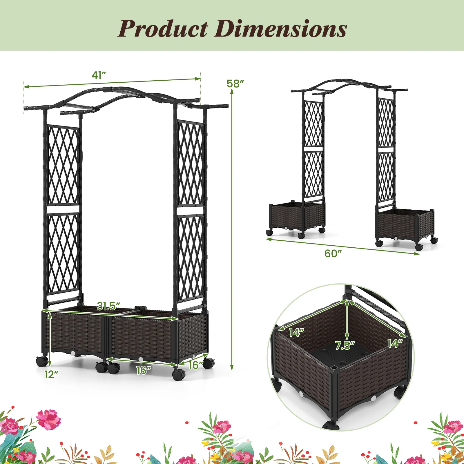 5 FT Self-Watering Planter Box With Lattice Trellis And Roof, Brown - Image 5