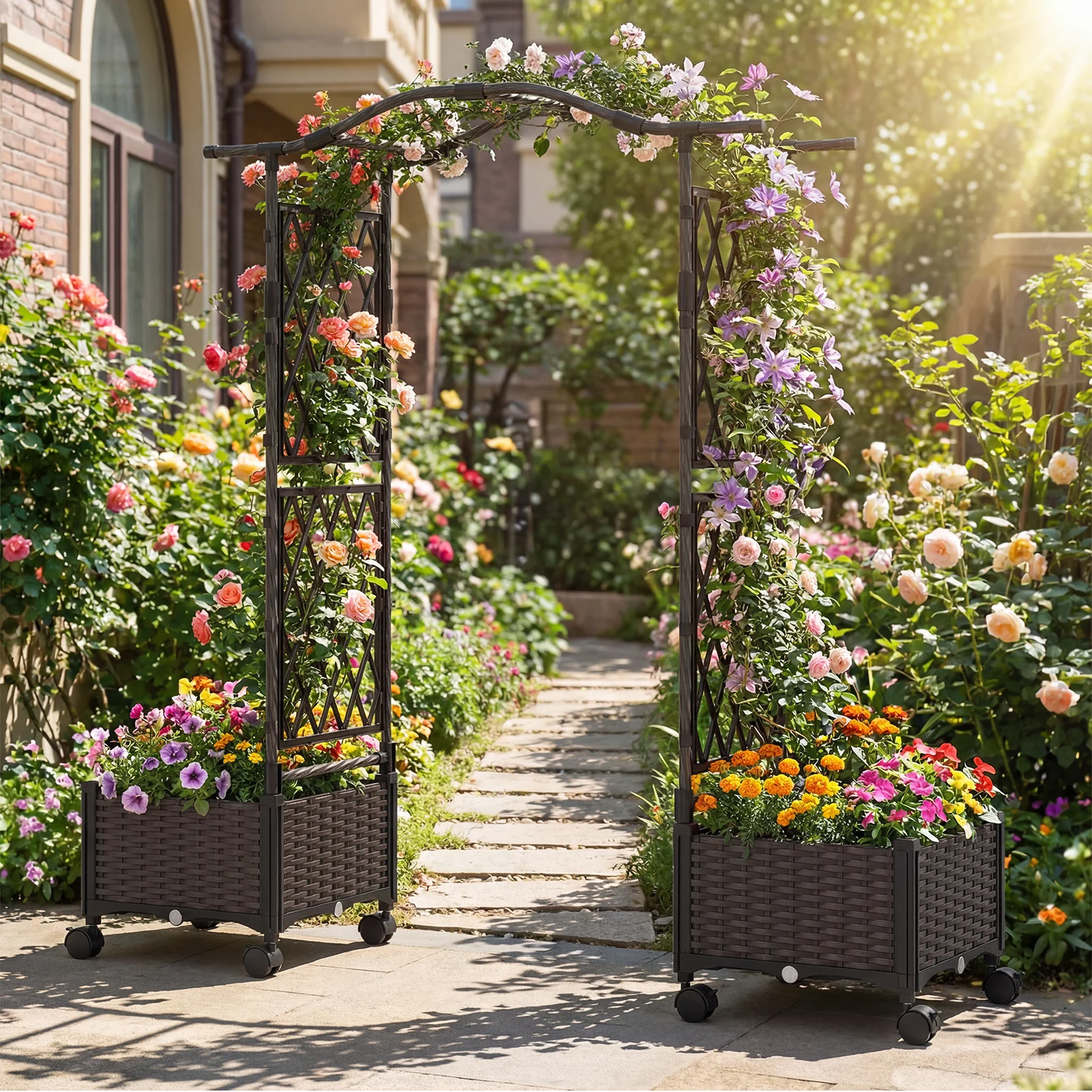 5 FT Self-Watering Planter Box With Lattice Trellis And Roof, Brown - Image 6
