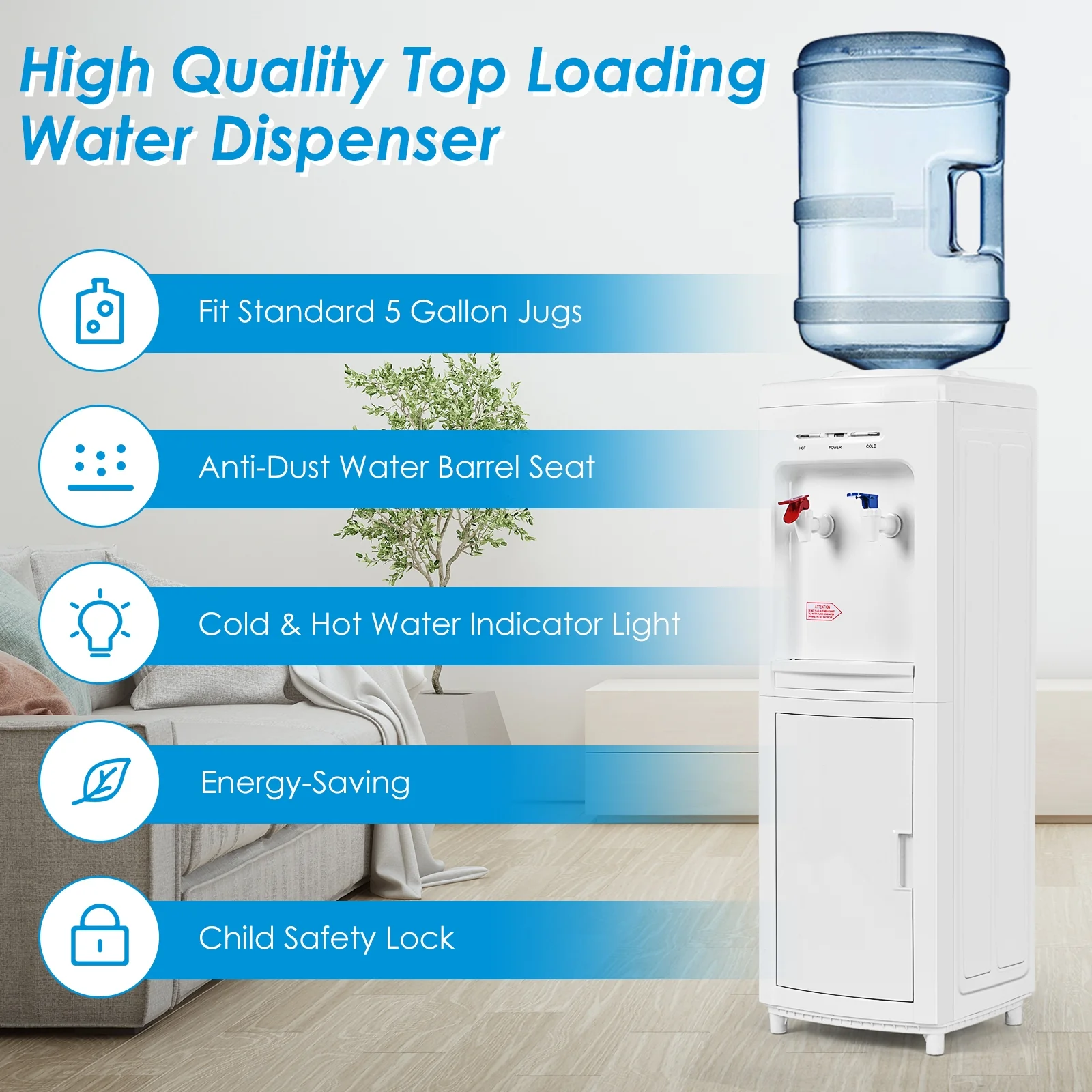 5 Gallon Hot And Cold Water Cooler Dispenser, Child Safety Lock, White - Image 4