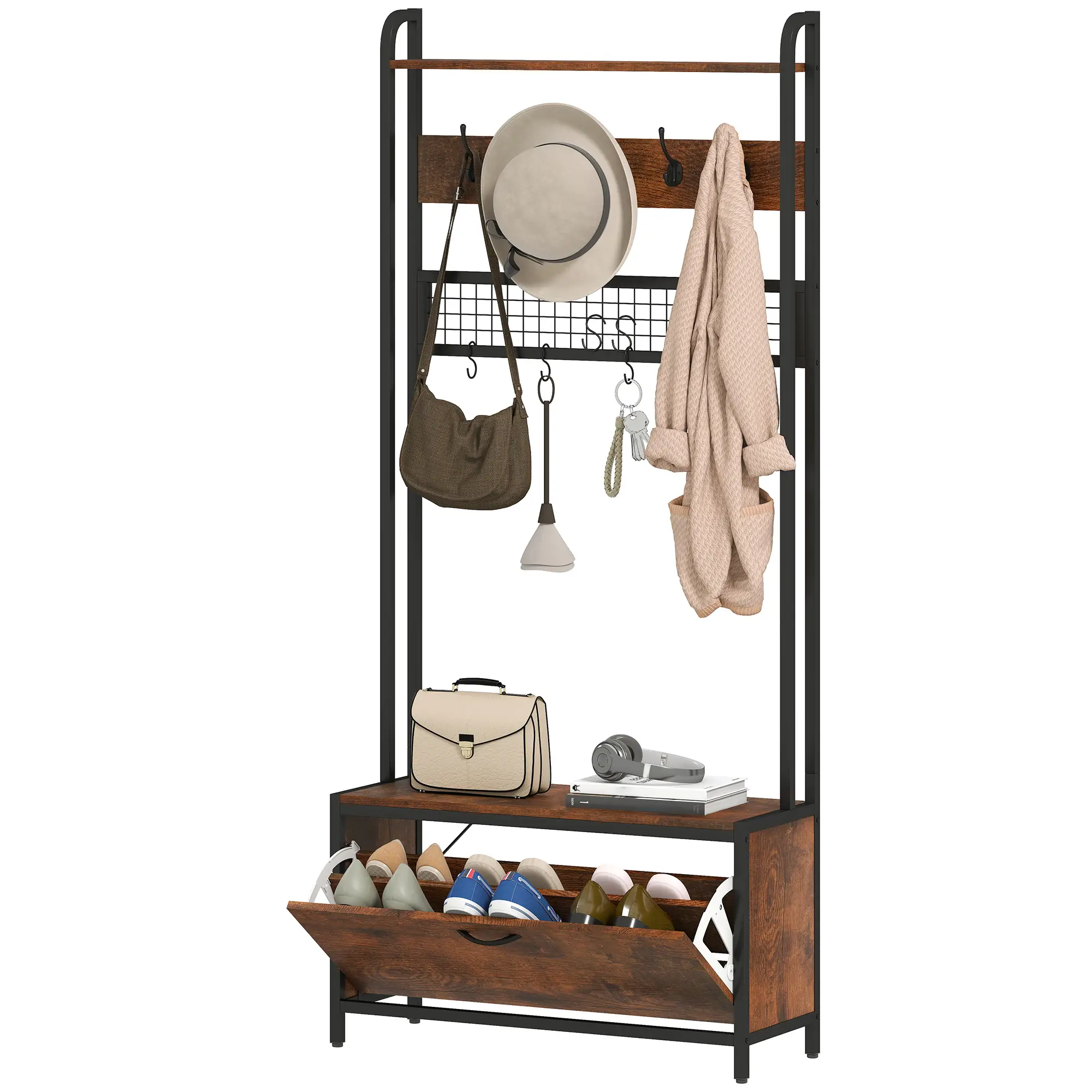 5-In-1 Coat Rack Shoe Bench, Hall Tree with Bench, 10 Hooks, Rustic Brown
