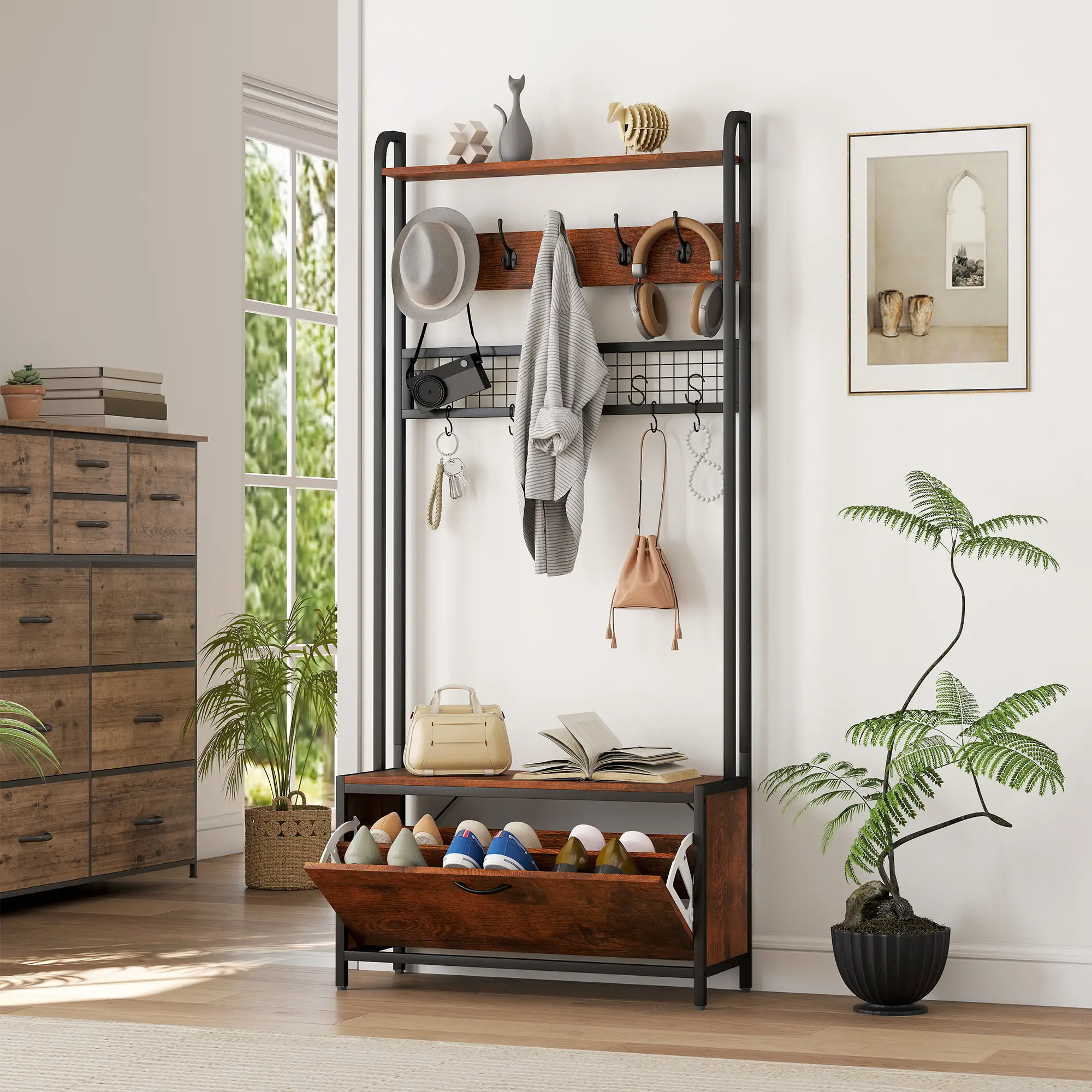 5-In-1 Coat Rack Shoe Bench, Hall Tree with Bench, 10 Hooks, Rustic Brown - Image 10