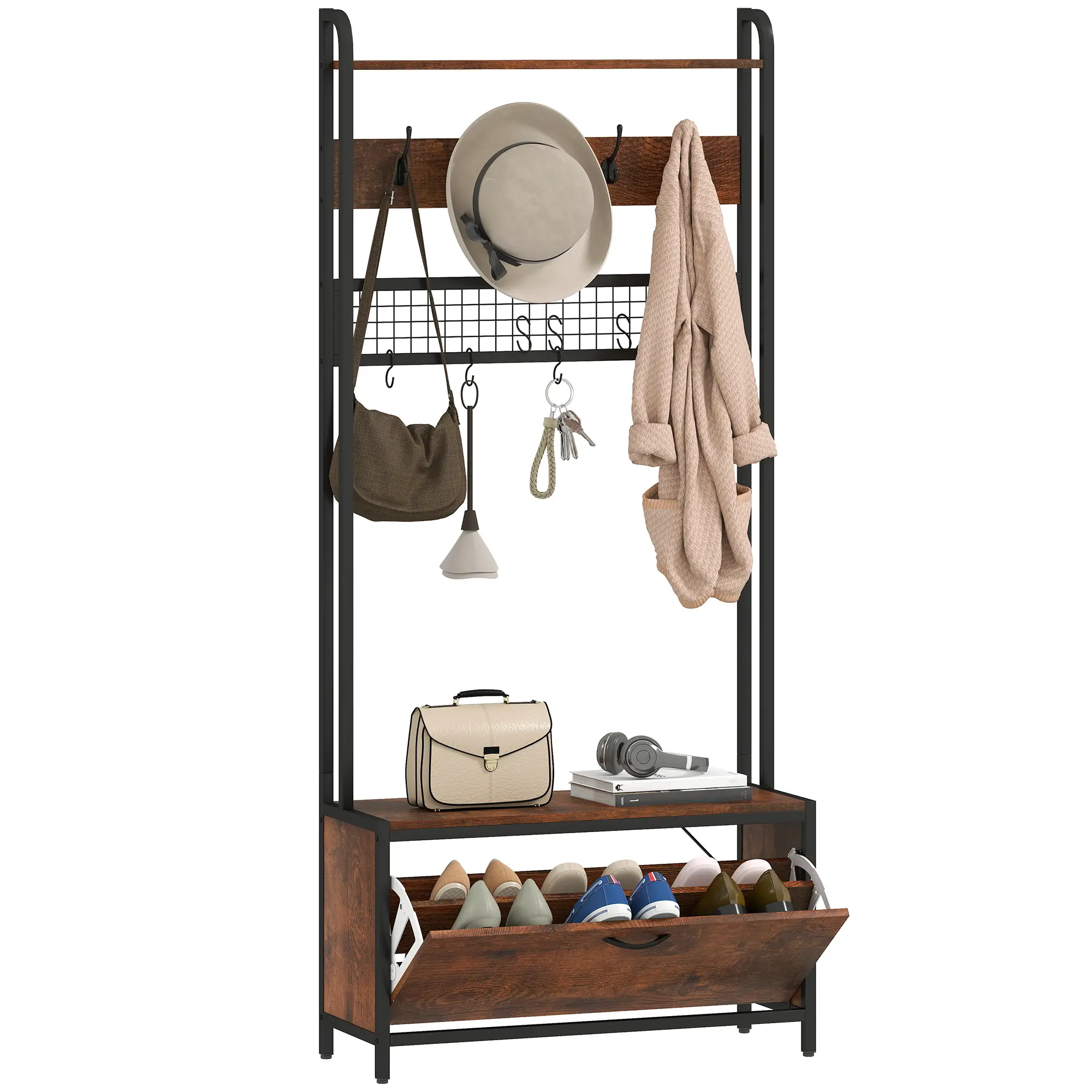 5-In-1 Coat Rack Shoe Bench, Hall Tree with Bench, 10 Hooks, Rustic Brown - Image 11