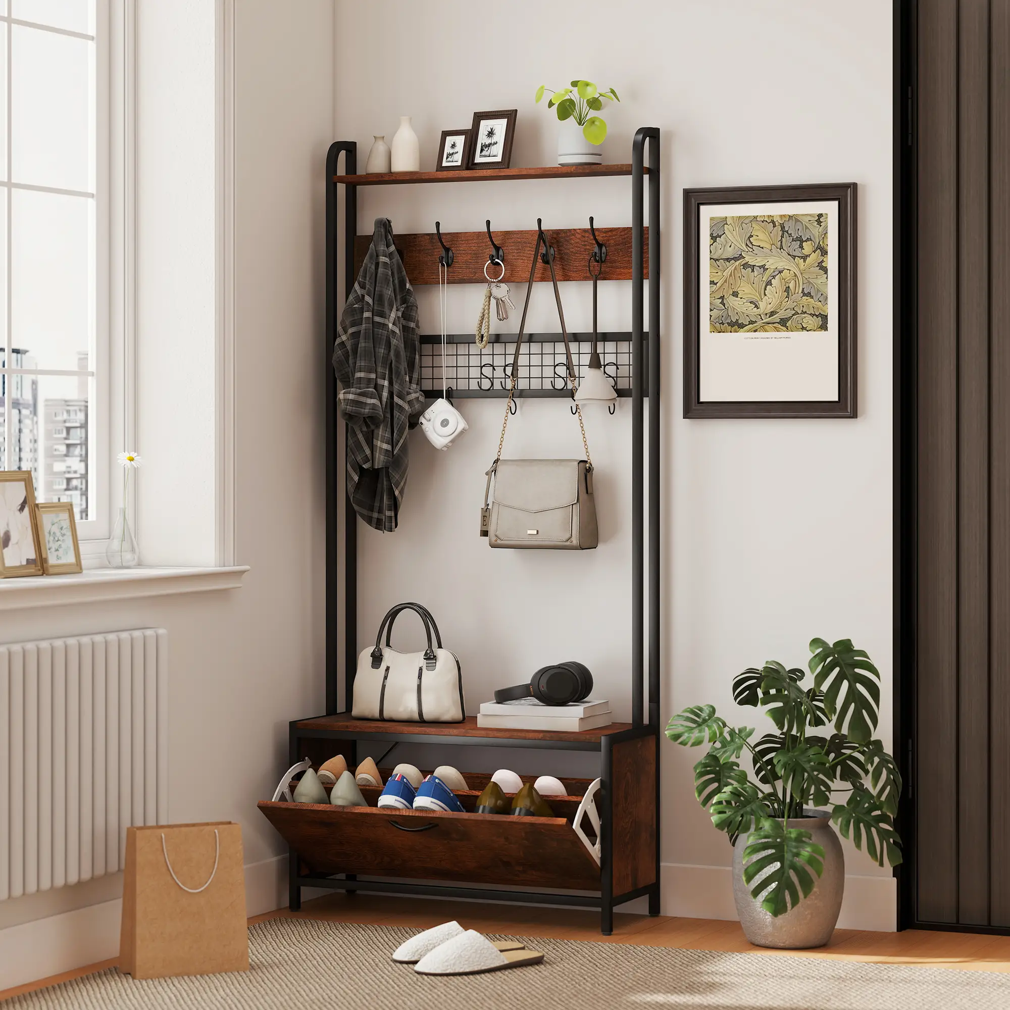 5-In-1 Coat Rack Shoe Bench, Hall Tree with Bench, 10 Hooks, Rustic Brown - Image 2