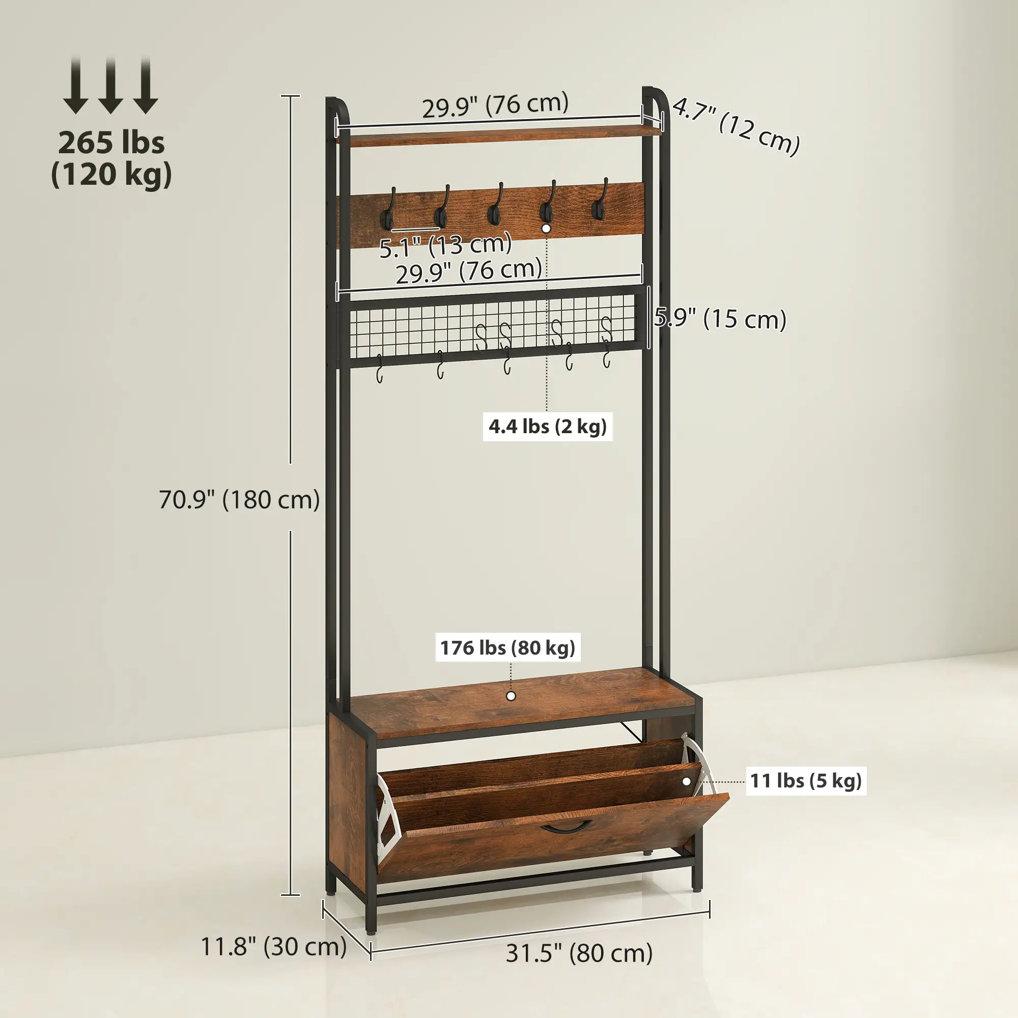 5-In-1 Coat Rack Shoe Bench, Hall Tree with Bench, 10 Hooks, Rustic Brown - Image 3