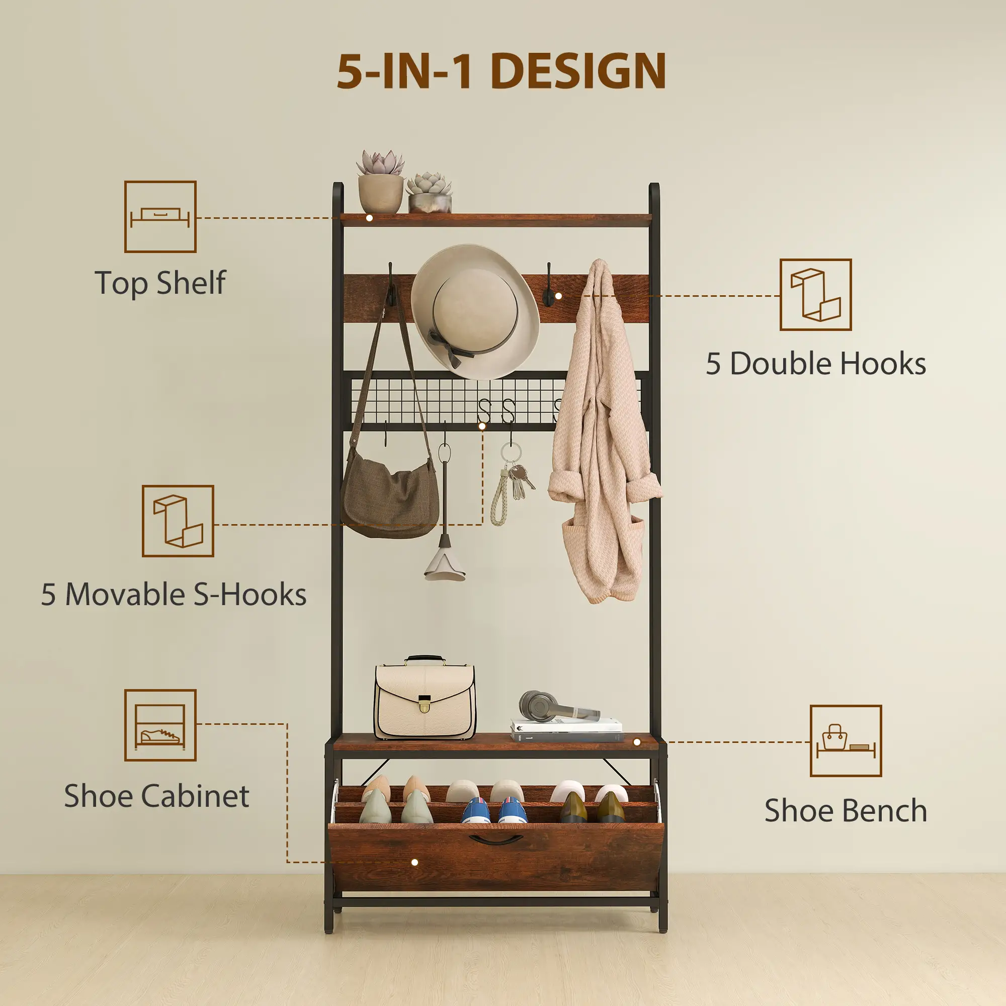 5-In-1 Coat Rack Shoe Bench, Hall Tree with Bench, 10 Hooks, Rustic Brown - Image 4