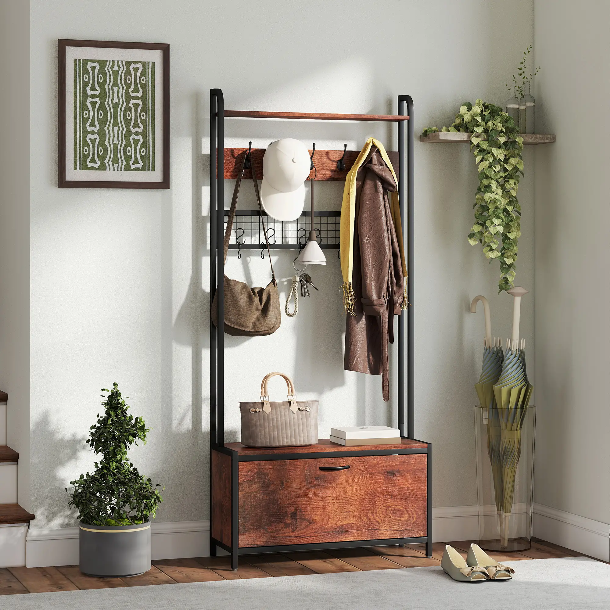 5-In-1 Coat Rack Shoe Bench, Hall Tree with Bench, 10 Hooks, Rustic Brown - Image 8
