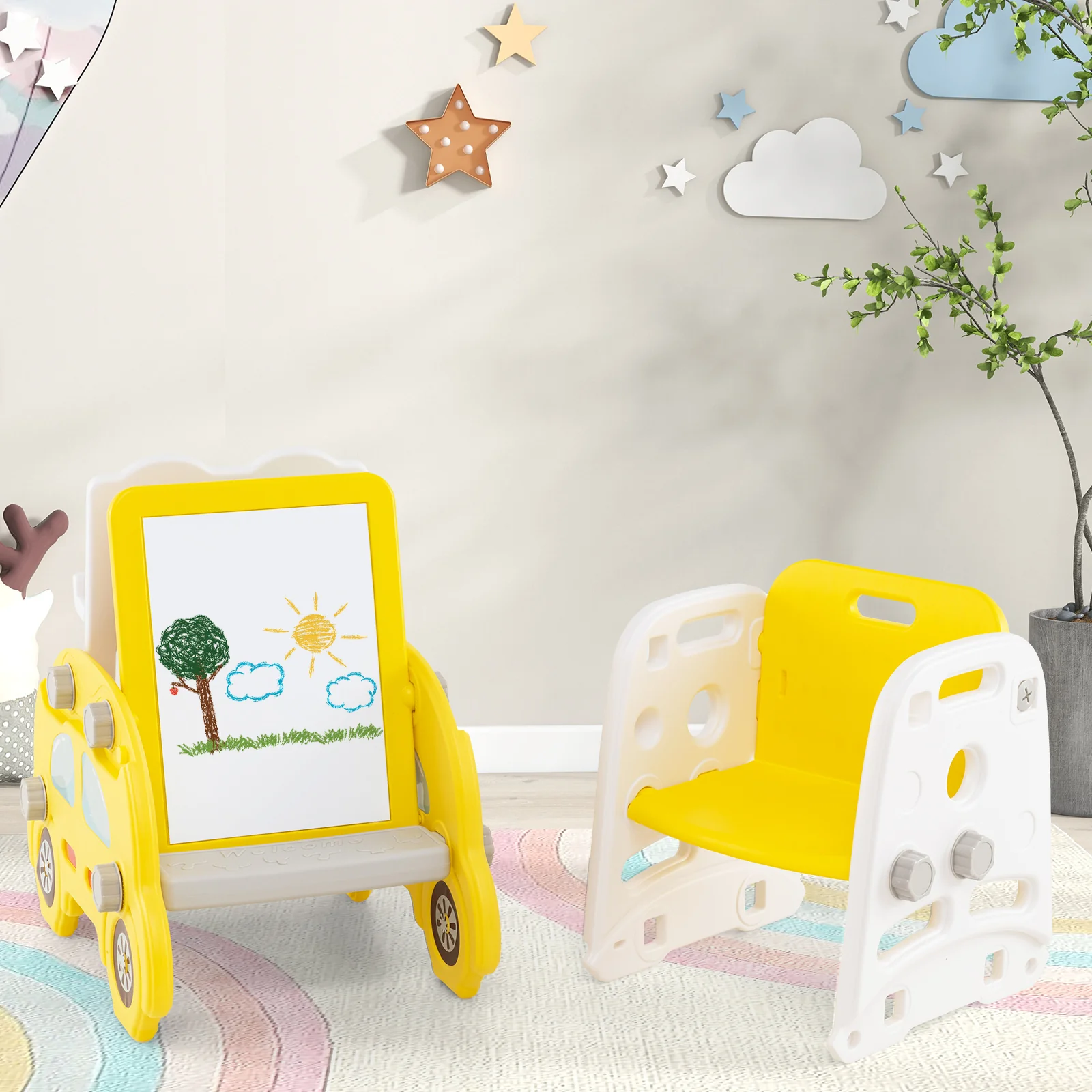 5 In 1 Convertible Toddler Slide Set, Art Easel With Stool, Yellow - Image 3