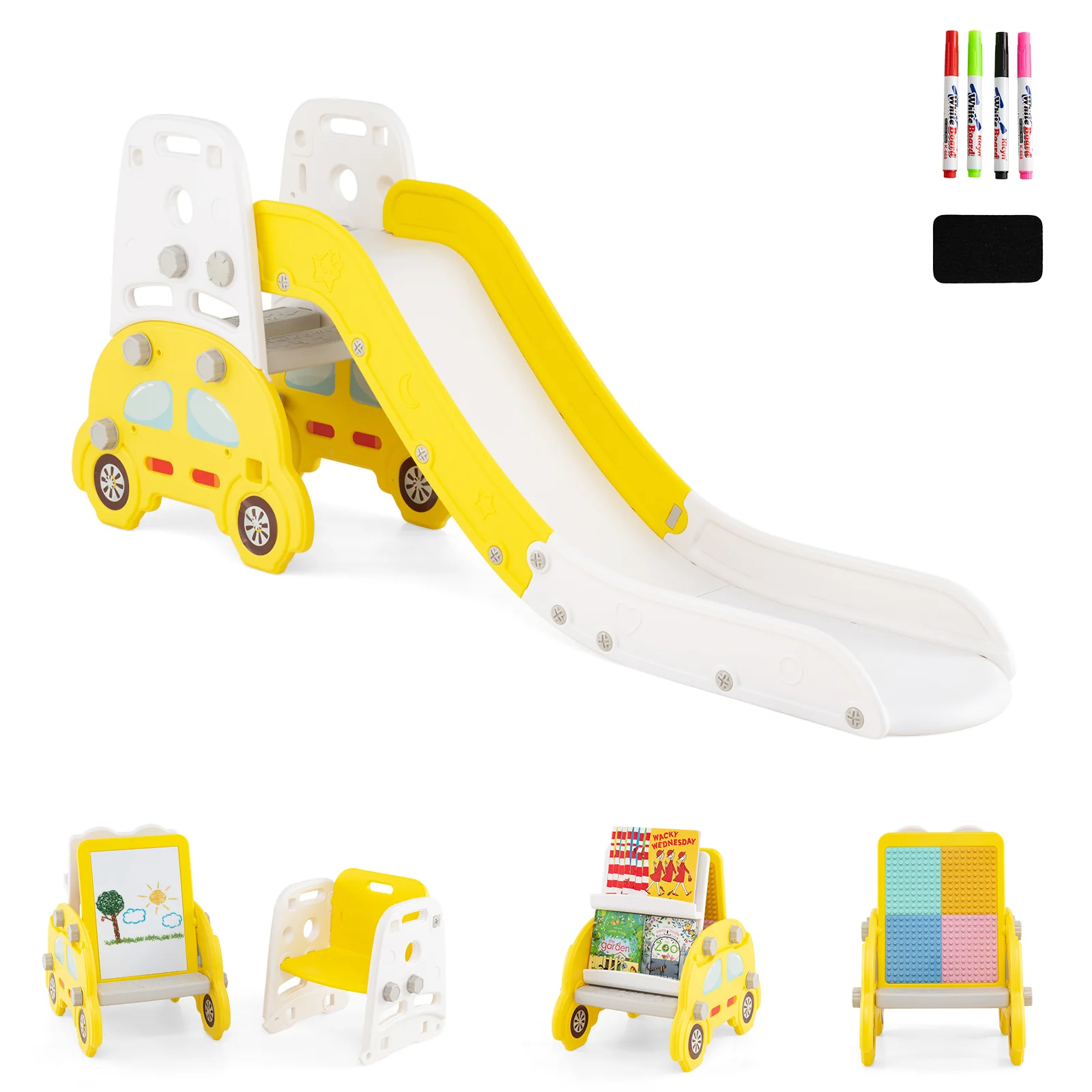 5 In 1 Convertible Toddler Slide Set, Art Easel With Stool, Yellow - Image 4