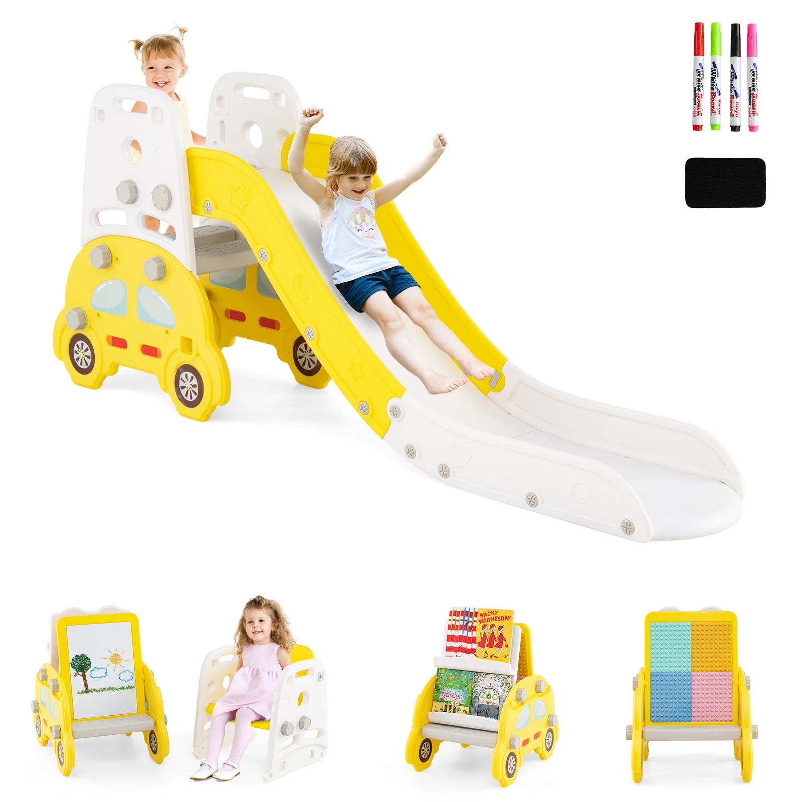 5 In 1 Convertible Toddler Slide Set, Art Easel With Stool, Yellow - Image 5