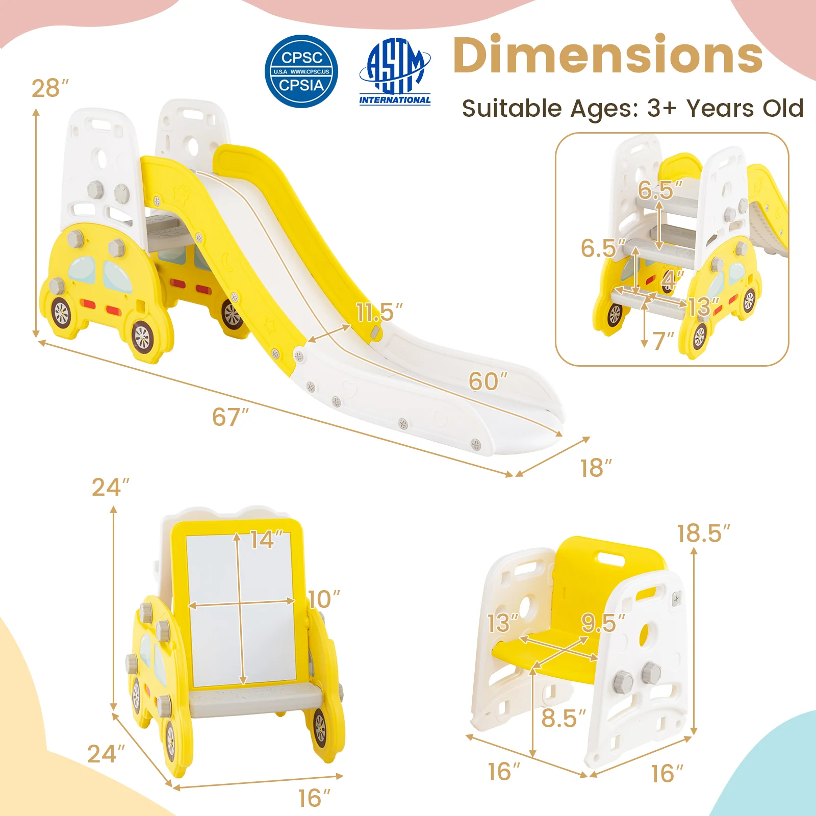 5 In 1 Convertible Toddler Slide Set, Art Easel With Stool, Yellow - Image 6